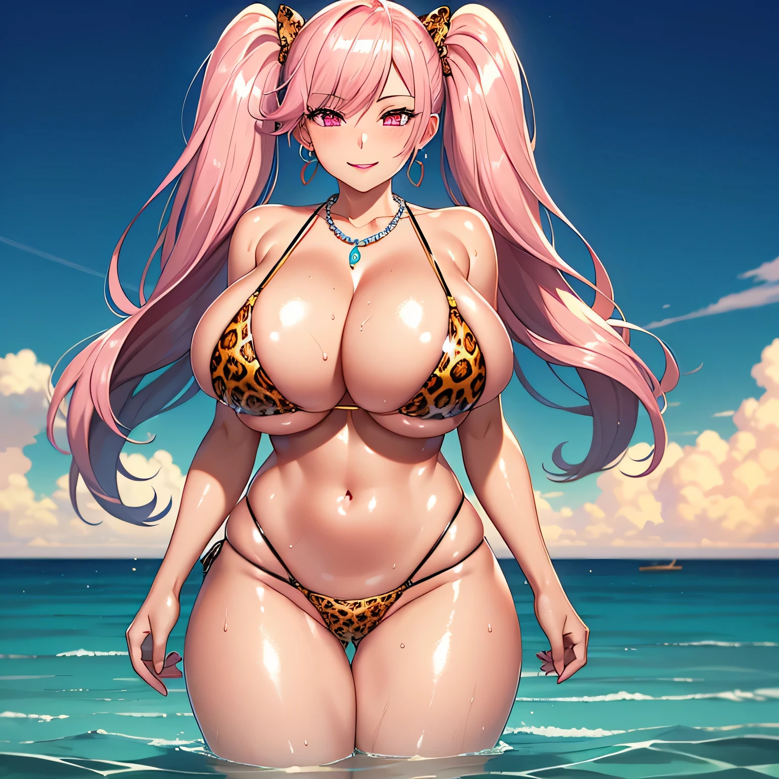 (masterpiece, highest quality:1.2),(Shiny skin:1.6), Upper Body, Detailed cloth texture, Detailed hair texture, One girl, alone, 17 year old girl sexy pose, Long eyelashes, Lips parted, shining pink lips, Pink Eyes, (The body is slim:1.1), (beautiful pink long hair:1.2), (Huge breasts:1.3), Floating Hair, (bangs), (Swimwear,Leopard print micro bikini), (Cleavage), (necklace, Earrings), smile, Blushing, View your viewers, (Cowboy Shot:1.5), coastal,Twin tails