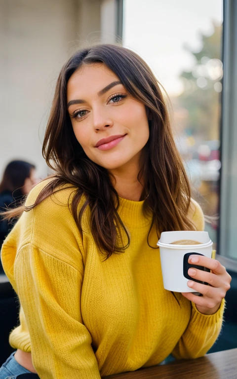 Cute beautiful blonde with yellow sweater (Drinking coffee in a modern café at sunset), sehr detailliert, , unschuldiges Gesicht, naturally wavy hair, blaue Augen, high-res, Meisterwerk, best qulaity, komplizierte Details, sehr detailliert, scharf Fokus, detaillierte Haut, realistische Hauttextur, Textur, detaillierte Augen, professionell, 4k, charming smile, aufgenommen mit Canon, 85 mm, light depth of field, Kodak Vision-Farbe, perfectly fitting body, extrem detailliert, Foto_\(ultra\), fotorealistisch, realistisch, Nachbearbeitung, maximale Details, Rauheit, echtes Leben, ultrarealistisch, Fotorealismus, Fotografie, 8k uhd, Fotografie