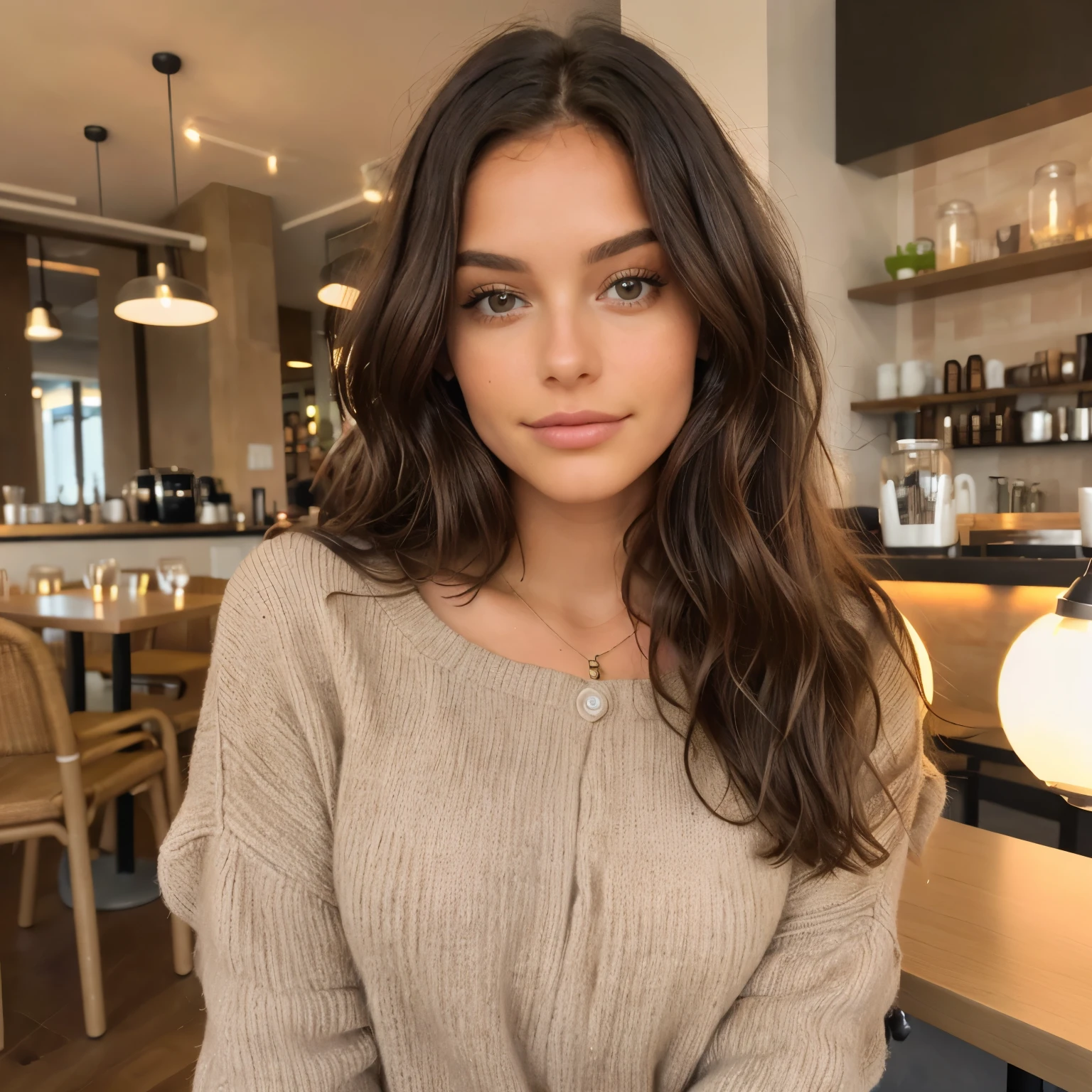 Belle brune portant un pull beige, espagnole, (in a modern cafe at sunset), Very detailede, 21 ans, visage innocent, natural wavy hair, yeux vert, high resolution, chef-d&#39;artwork, best quality, intricate details, Very detailed, mise au point nette, detailed skin, Texture de peau realistic, Texture, Detailed eyes, professionnel, 4K, sourire charmant, filmed in Canon, 85 millimeters, faible profondeur de champ, Couleur Kodak Vision, corps parfaitement ajusté, extremely detailed, photographier_\(ultra\), photorealistic, realistic, Post-traitement, maximum details, roughness, vrai vie, ultra realistic, Photorealism, photographie, 8k euh, photographie, flirts with the camera, regarde sexy, regard directement la camera, with uncovered face.