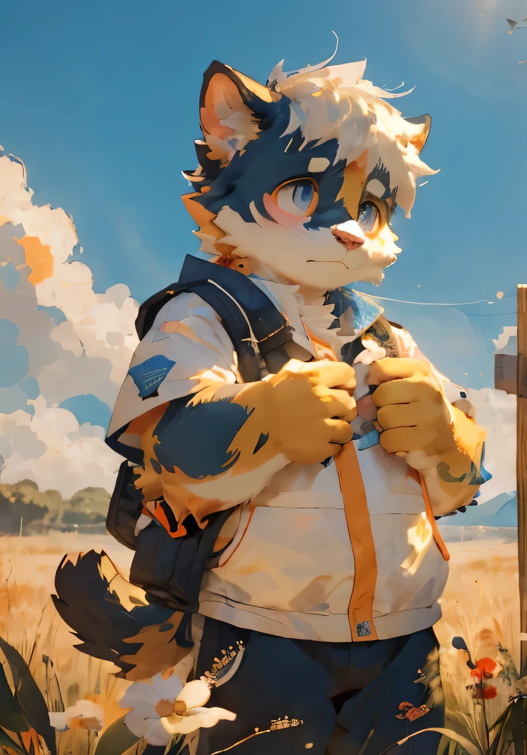 (masterpiece),(Very detailed),(best quality),hairy,Calico cat,Golden fur,white hair,Black pupil,(Ordinary clothes),((Shy expression)),lushforestbackground,8k,(high quality),(Ultra HD),(Ultra Detailed),(Young children),(Juvenile),Perfect sunshine,(Standing),Gaze into the distance,Cool colors