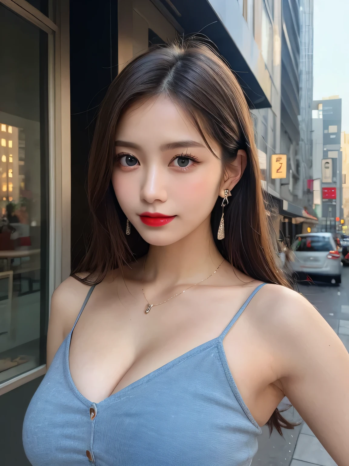 Beautiful college girl in the city, masterpiece, light makeup, red lips, messy long hair, cityscape background, beautiful, elegant. Very fine details, master work, authentic texture, film lighting realism, perfect work, 16k, high resolution, exquisite features, blue eyes, Japanese idol, beautiful face, cute smile, brown hair, beautiful hair, ponytail , glamorous, big breasts , huge breasts, large breasts, erect nipples, greasy muscles, shiny skin, tanned skin, glowing dark skin, thin camisole, bright big eyes, smooth skin, wet, cleavage, earrings, necklace, tattoo