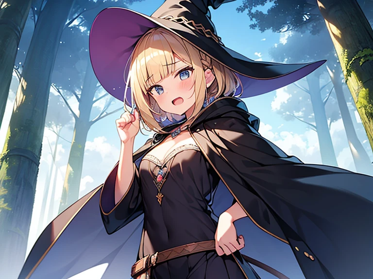 Masterpiece, Top quality, 1 beautiful girl, Blonde, short Hair, Braided hair, wavy Hair, blunt bangs, , standard weight, (very flat chest):1.6, cleavage, (very large dark sorceress long robe with hood):1.3, pleated skirt, witch hat, (angry):1.3, open mouth, attacking, beautiful scene of fantasy world, cowboy shot, from below, Clothes swaying in the wind, wand, Enchanted Forest