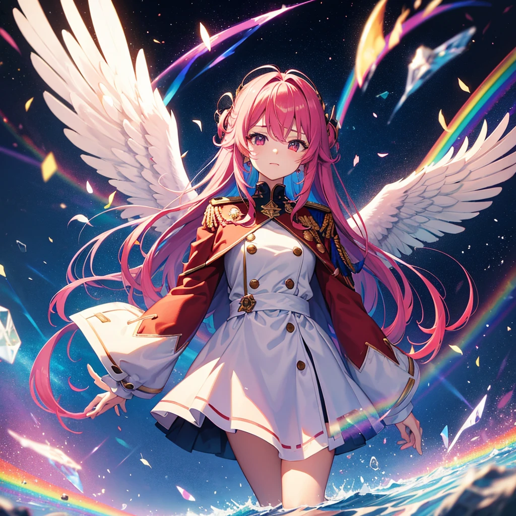 ((Fantasy　Rainbow Hair　Make your hair rainbow-colored on the inside　Twin tails　Dull red eyes　Have a galaxy　uniform　Put on a coat without putting your arms through it　Wings many times larger than me　Lonely　Smiling Kindly))　((Tears　gloves))　(Broken glass　Distorted Space-Time　star)　Catch the wind　fall　Shining Background　Particles of light, rainbow-colored edges