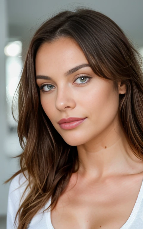 Belle brune portant un pull beige clair (Nail care in a modern beauty salon), Very detailed, 21 ans, visage innocent, natural wavy hair, yeux bleus, High resolution, Masterpiece, Best quality, Intricate details, highly detailed, mise au point nette, detailed skin, realistic skin texture, texture, detailled eyes, professionnel, 4K, sourire charmant, filmed on Canon, 85 mm, faible profondeur de champ, Couleur Kodak Vision, perfect fit body, Extremely detailed, photographier_\(ultra\), photoreallistic, Realstic, Post-traitement, maximum details, roughness, real life, ultra realist, photorealism, photographie, 8K UHD, photographie, Travail, bureau