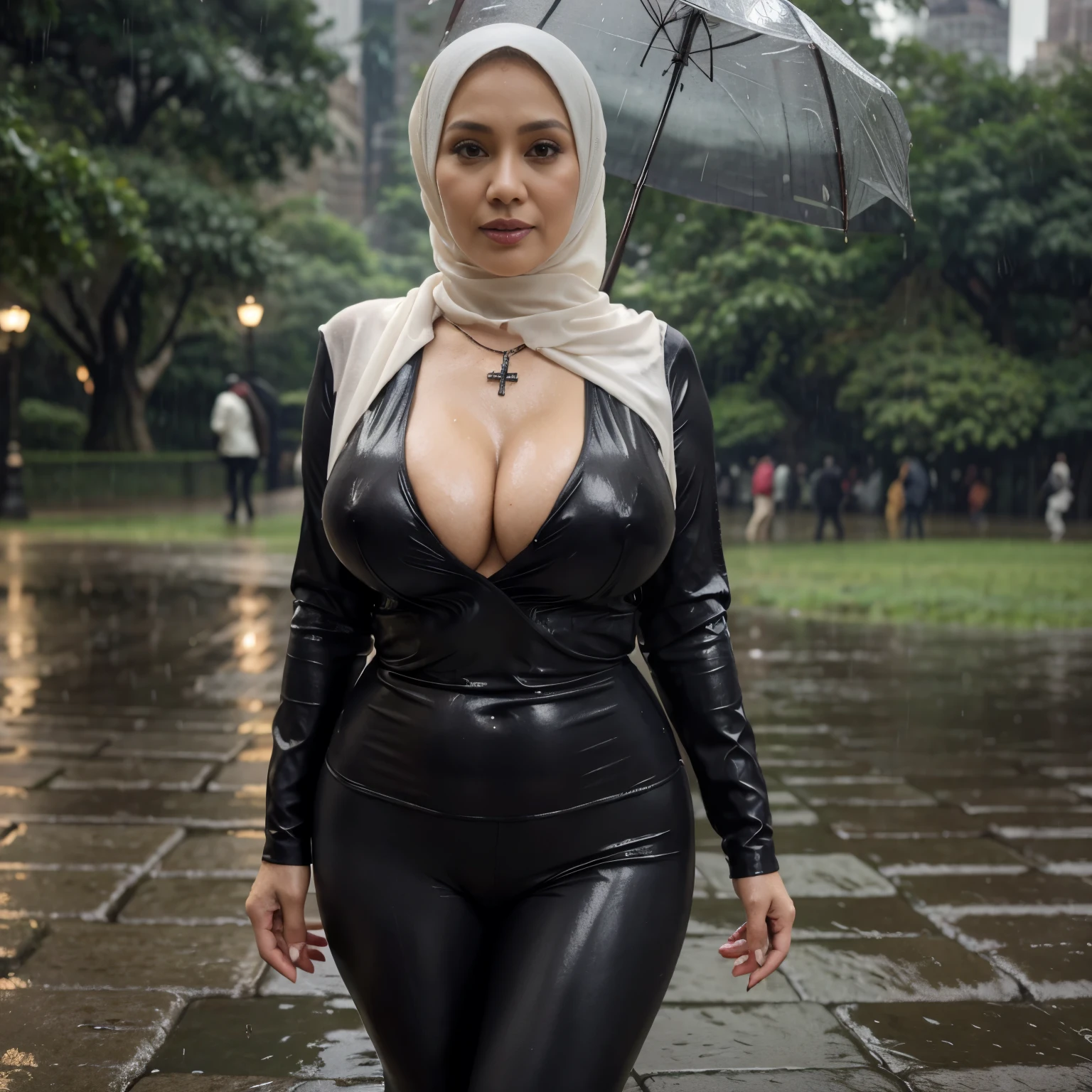 56 years Old, Indonesian Hijab milf, Ultra Droopiest gigantic saggiest longest mature : 96.9, wearing tight Blouse, Wearing Tight Bra, Wearing Cross Necklace, Busty body, Wet body, rainy atmosphere, heavy rain, at central park, full body, gravure Idol, Cold Situation