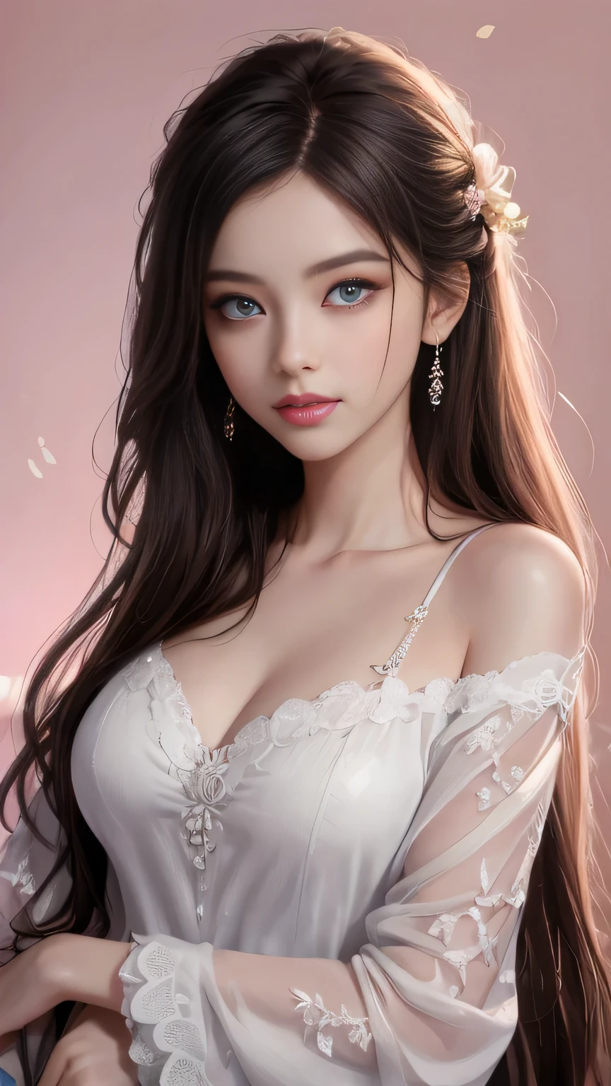 Best Quality、tmasterpiece、High resolution、1girll、The Dingdall effect、realisticlying、Edge-lit、Two-tone lighting、(highdetailskin:1.2)、8K UHD、pure、Sweet、Floral Background、Colorful background、Based on Physical Rendering、Perfect light and shadow、Extreme height detail、Pink tones、Eye Reflexes、Protruding sexy、Perfect body、Great beauty、Big eyes、Long eyelashes、Delicate eyes、big glossy eyes、Subtle pupil reflex、Shoulder and neck details、The texture of the pupil is delicate、Perfect Eyes、Black pupil、Best quality、T masterpiece、16k、photograph、Head portrait、Big Chest、Long sleeve、Take care of your breasts、Medium sized breasts、Delicate Avatar