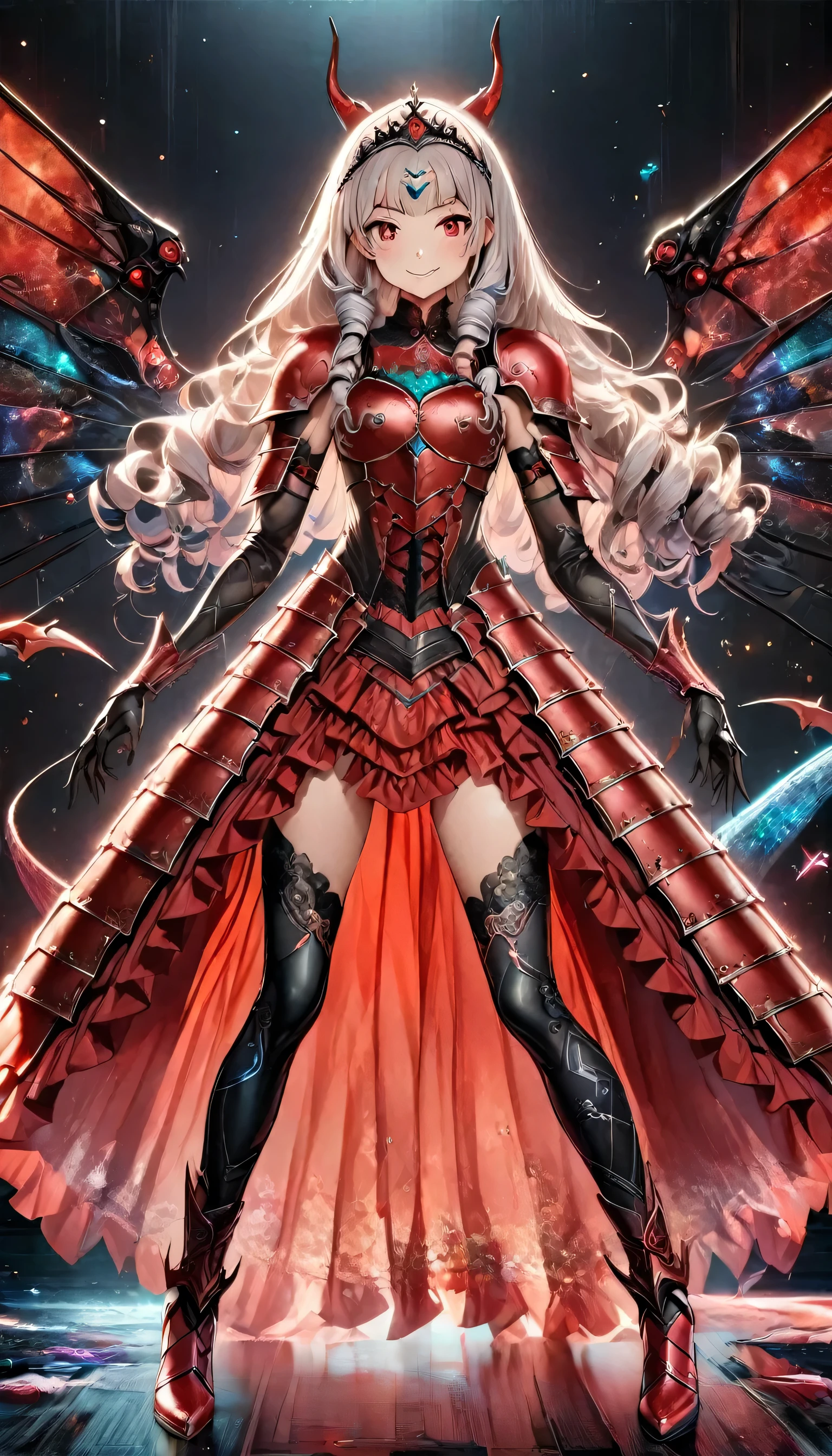 masterpiece, highest quality, Very detailed, High resolution, Japanese anime, One girl, Silver Hair, (Medium length hair:1.4), Side braids, Curly Hair, Wavy Hair, Drill Hair, Curl your hair outwards, Dragon Horn, Mechanical Wing, (vampire:1.2), (Red eyes:1.5), (Beautiful fine details:1.4), smile, Height: 130cm, original character, Fantasy, (Black background:1.2), (whole body:1.8), Beautiful fingers, Are standing, (Black and red lace frill armor dress:1.5), (tiara studded with gemstones:1.5) , Shoot from the front, View your viewers