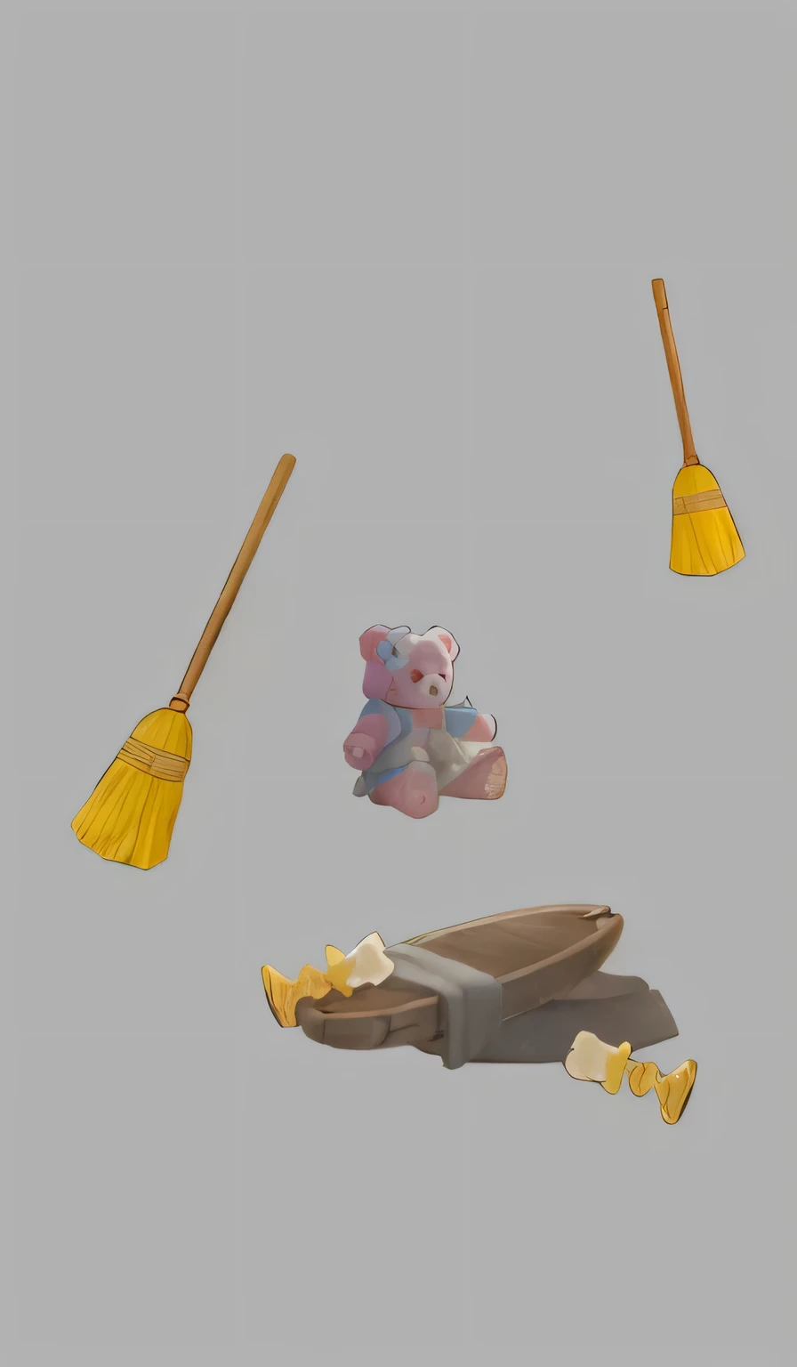 there are a few object that are flying in the air, scattered props, miscellaneous object, Sweep, Broken toys scattered everywhere, Magic Items, various items, Super detail for every object, object, broom, Flying on a broom, Scattered items, Game assetss, Role Playing Game Items, Magic Broom, Object Art, found object, Game assets