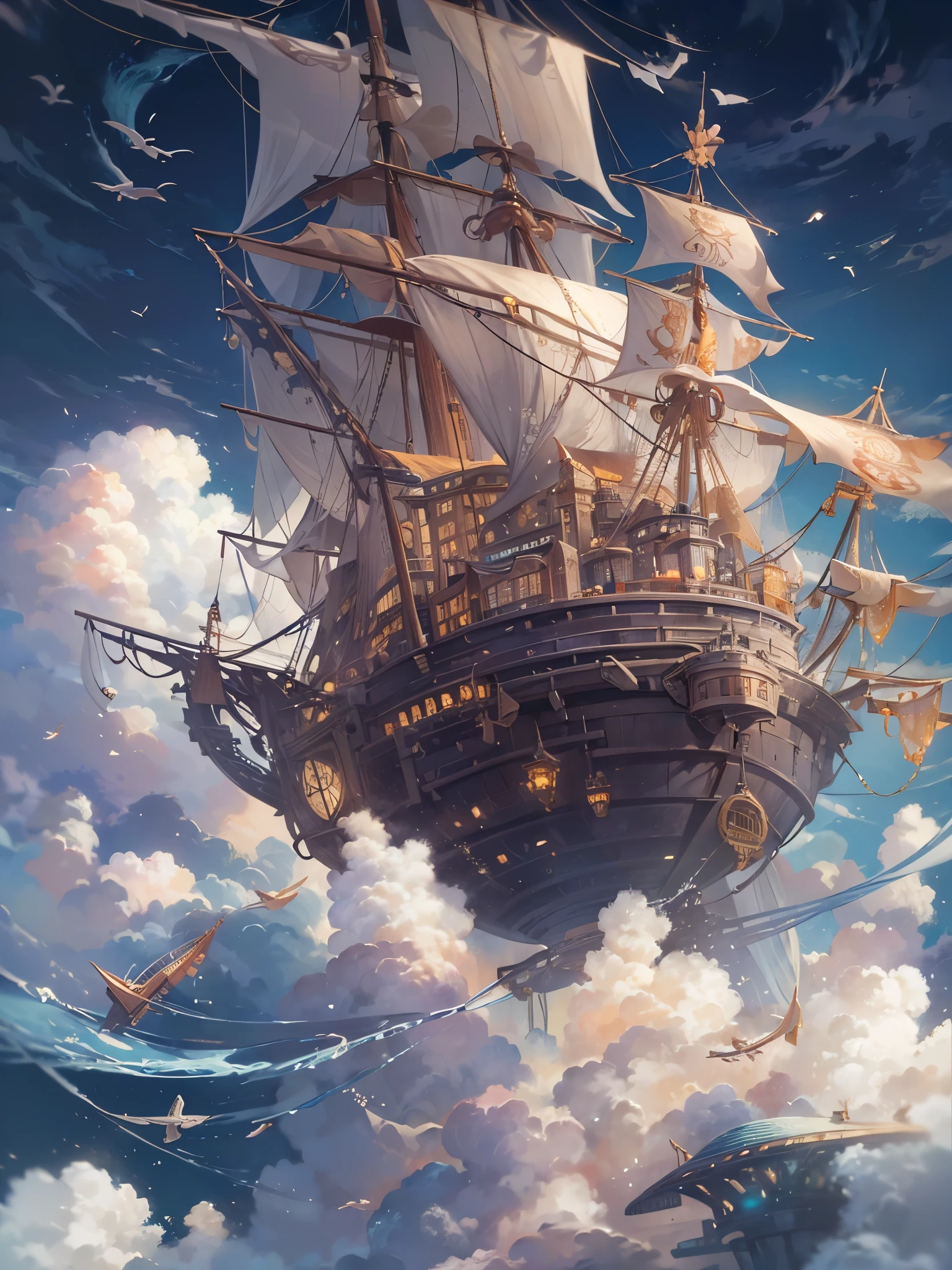 ((highest quality)),(Ultra-high resolution),(Super detailed new),(Detailed Description),((The best CG)),(A masterpiece),Ultra-detailed art,A wonderful new art form,(Art with precise detail:1.5), Wind,、Ship in the Sky