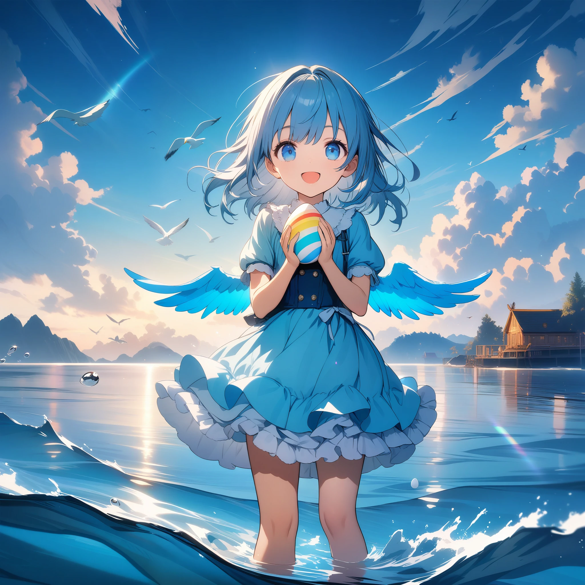 32k, best quality, ultra high res, HDR, UHD, extremely detailed CG, unity 32k wallpaper, A world full of eggs, , Holding a rainbow-colored egg in both hands, Very cute girl, Blue Hair, blue eyes, A beautiful and cute blue dress, from the front, A very beautiful sea background, Standing on the water, Particles that glow blue, bird, cloud, Egg with wings, Close your mouth and smile happily,