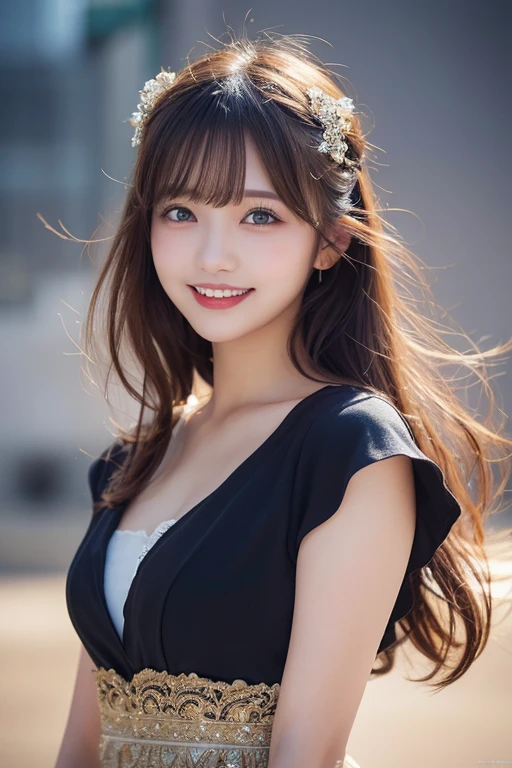 highest quality,8k wallpaper,Highly detailed illustration、Perfect dynamic composition,Beautiful fine details、Beautiful fine lip,Medium Hair、Random sexy poses、smile、dress、Osaka 20 year old cute girl、Natural colors