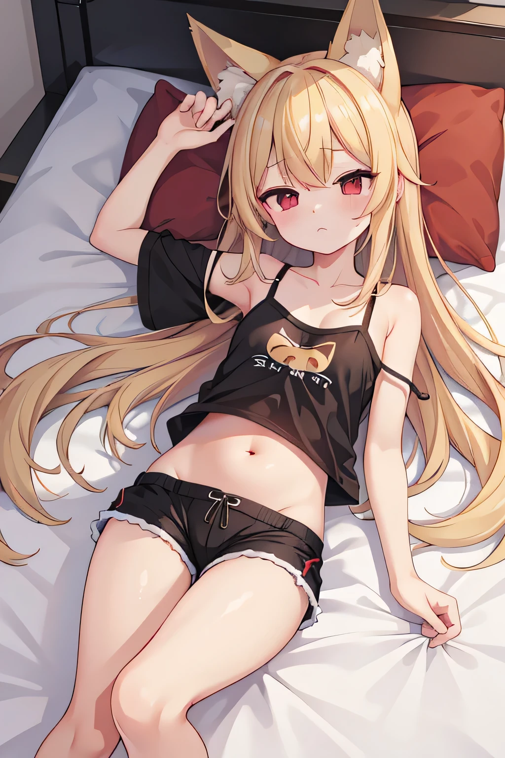 highest quality、Sleeping、Small 、belly button、y shot、ars、Long blonde、Red Eye、Black camisole、Shorts、bed
