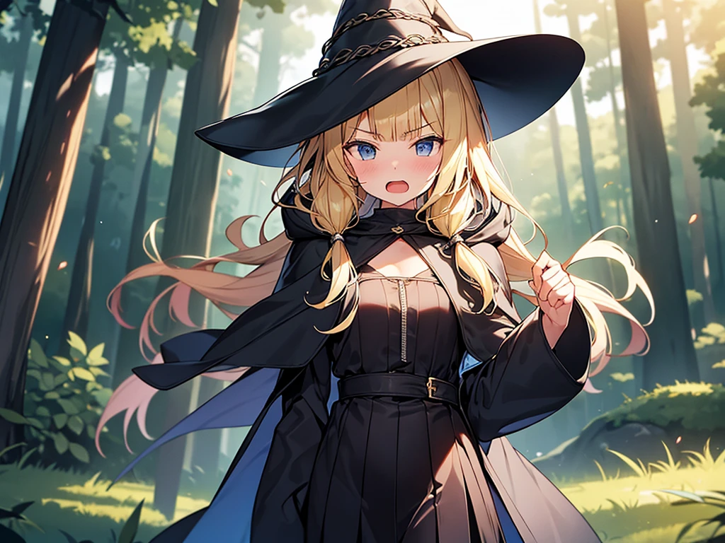 Masterpiece, Top quality, 1 beautiful girl, Blonde, medium Hair, Braided hair, wavy Hair, blunt bangs, , standard weight, (very flat chest):1.6, cleavage, (very large dark sorceress long robe with hood):1.3, pleated skirt, witch hat, (angry):1.3, open mouth, dynamic pose, beautiful scene of Enchanted Forest, Clothes swaying in the wind, backlighting