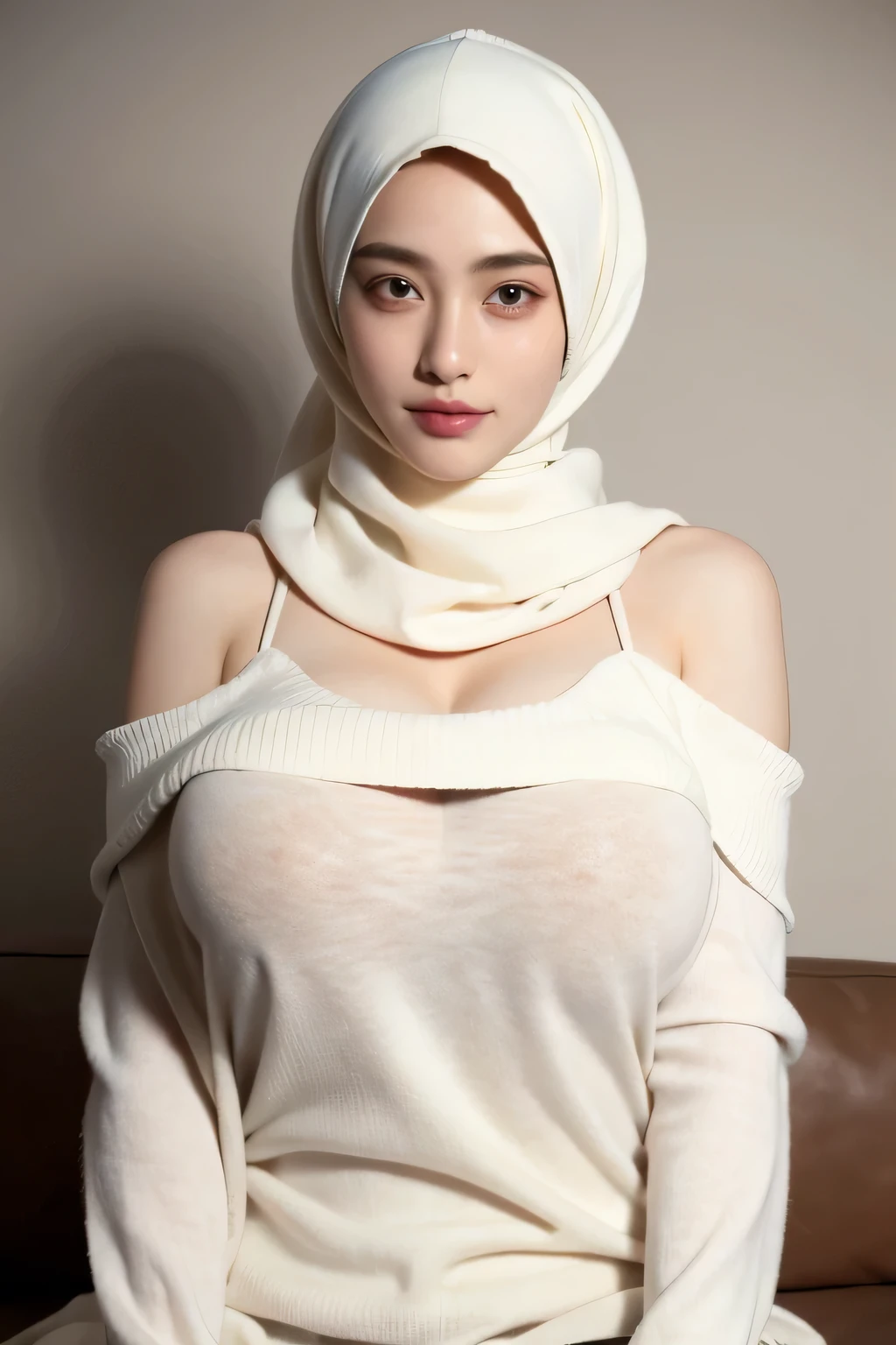 Two 20 yo woman,hijab, sweater, dark theme, soothing tones, muted colors, high contrast, (natural skin texture, hyperrealism, soft light, sharp), simple background, slim body with big breast, (big size breast: 1.6) using off shoulder tight clothes, 2girl, giant tits, big breast, breast bigger than torso, using white sweater, using black hijab, gigantic breast, gigantic tits, sweet smiling, squatting showing big breast and legs