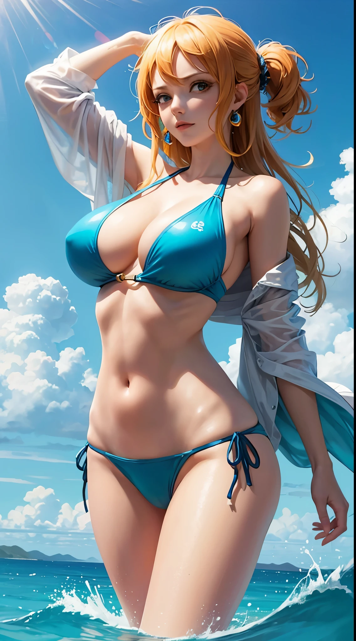 Nami de One piece (huge tits), Haut du corps, abdos, bikini comme s&#39;ils n&#39;existaient pas, deserted beach, gros seins, gigantesque seins, 4K ultra UHD, mains parfaites, cing doigts, yeux parfaits, bikini dentelle rouge