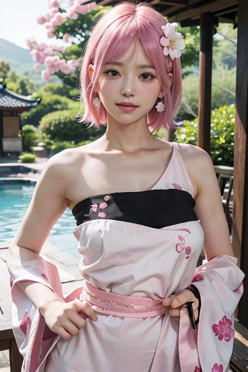 (8k, highest quality, masterpiece:1,2), (Realistic, Photorealistic:1.37), Super Detail, One Girl,), (Very detailedな), (Beautiful and detailed eyes), (highest quality), (Very detailed ), (masterpiece), (Detailed face),20-year-old, ,1 girl, ((Pink Hair,Very short hair)), Medium chest, Dressed, Perfect lighting, break (black haori:1.3), (White underwear:1.2), (タイトなBlack sleeveless kimono:1.4), (Black too:1.3), (slender and delicate body shape,:1.2), (Pink floral obi and obidome:1.4), (Pink embroidery and trim:1.3), (White tabi:1.2), (Black geta:1.3), (Pink Hair ornament and earrings:1.4), (Black fan:1.3), (Pink Hair:1.5), Off the shoulder、break parted bangs, Tuck the right side behind your ear, Left side covers eye, Fluffy hair texture, pink floral hair accessories, Pink Earrings, A kind smile, Close your eyes for a moment, looking at the camera, Turn your face slightly to the right, holding Black fan, Right hand near face, Place your left hand on your hip, black haori, White underwear, Black sleeveless kimono, Black too, slender and delicate body shape,, Pink floral obi and obidome, Pink embroidery and trim, White tabi, Black geta, Japanese garden background, Pool, bridge, Stone lantern, pine tree, Blurred Background, Focus on the subject, Natural light, evening, Soft Light, Light from the top right, Pinkish red light, Bright hair and embroidery, Shadow on the right side of the subject
