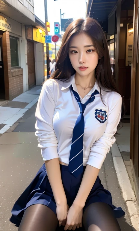 ulzzang-6500-v1.1, (raw photo:1.2), (photorealistic:1.4), beautiful detailed girl, very detailed eyes and face, beautiful detailed eyes, ridiculous, incredibly ridiculous, huge file size, super detailed, high resolution, very detailed, best quality, masterpiece, kemomimi, ((Japanese girls' high school uniform)), illustration, very detailed, CG, unified, 8k wallpaper, amazing, Fine details, masterpiece, best quality, very detailed CG uniform 8k wallpaper, light on face, cinematic lighting, 1girl, 16 years old, ((no panties)), ((dynamic pose))), (camel toe), (half), (pantyhose), (knee-bending leg sitting))