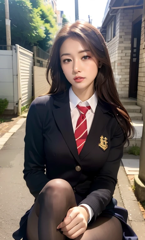 ulzzang-6500-v1.1, (raw photo:1.2), (photorealistic:1.4), beautiful detailed girl, very detailed eyes and face, beautiful detailed eyes, ridiculous, incredibly ridiculous, huge file size, super detailed, high resolution, very detailed, best quality, masterpiece, kemomimi, ((Japanese girls' high school uniform)), illustration, very detailed, CG, unified, 8k wallpaper, amazing, Fine details, masterpiece, best quality, very detailed CG uniform 8k wallpaper, light on face, cinematic lighting, 1girl, , ((no panties)), ((dynamic pose))), (camel toe), (half), (pantyhose), (knee-bending leg sitting))