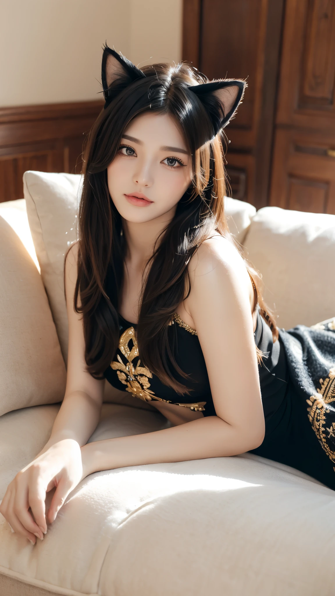 Cat ears,hairy,boys,charming,Fluffy,Best quality eyes,lie,Fluffy tail,paw,Lying down,On the sofa,((best quality: 1.5)) ((masterpiece: 0.8)), Intricate details, Clear focus, professional, real life, Real facial expression, Dynamic poses, ((([Medium breasts:0.8])))), 