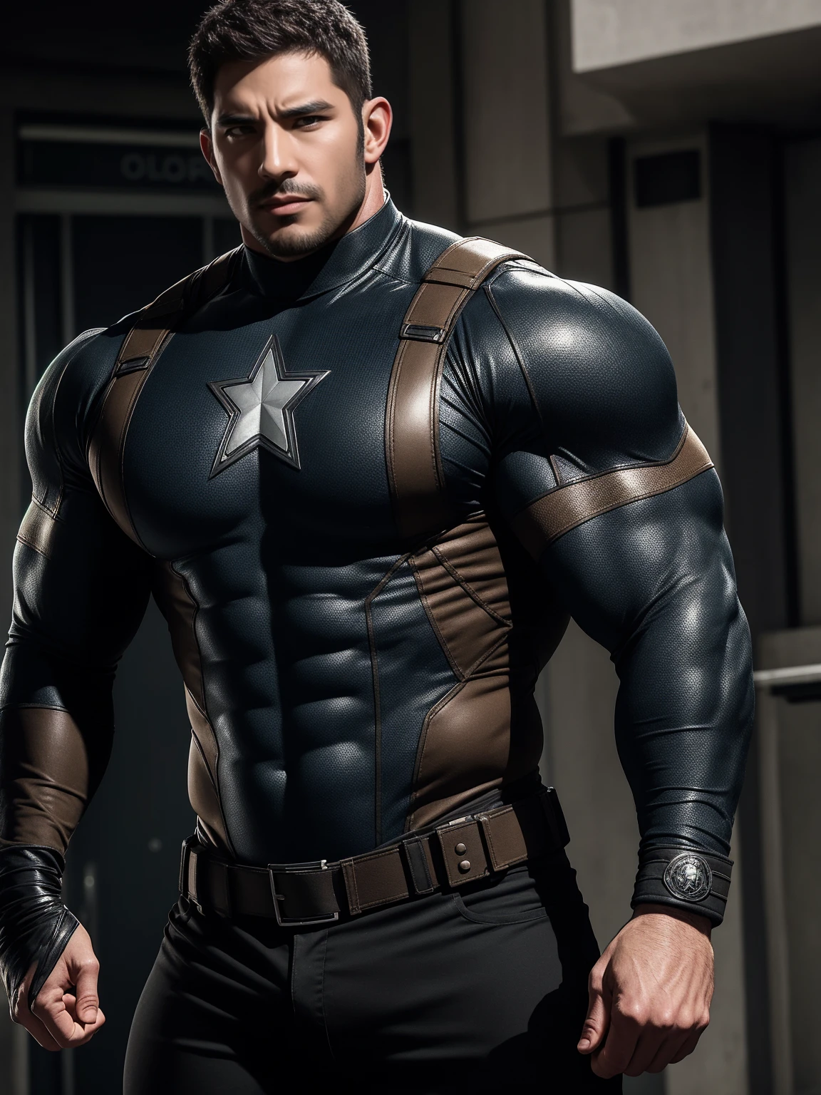 生气愤怒muscular police officer,  On the old-style outdoor streets, Wear a brown superhero bodysuit with long sleeves, Elastic spandex material，The expression is arrogant, Lift your chin, Disheveled unkempt hair, Thick thighs, Brown Superhero Bodysuit with Turtleneck and Long Sleeves, very tight, Regular symmetrical pattern, Highlight muscles, Police uniform pants, character concept（Resident Evil - Chris Redfield, Chris Redfield）A proud expression, Deep and charming eyes, Heroic male pose, tall Burly, muscular！The pectoral muscles are oversized, tough guy, perfect facial features, High, Burly, Heqiang, Super polished and cool, High Resolution Committee, Charismatic, The sun is blazing, dazzling