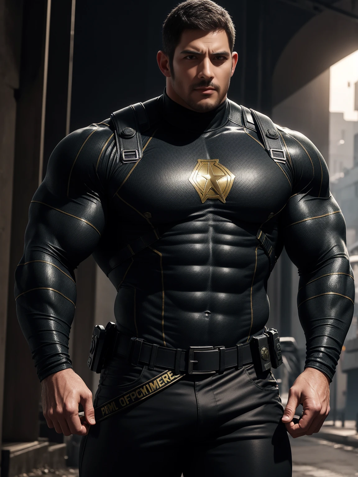 生气愤怒muscular police officer,  On the old-style outdoor streets, Wear a brown superhero bodysuit with long sleeves, Elastic spandex material，The expression is arrogant, Lift your chin, Disheveled unkempt hair, Thick thighs, Brown Superhero Bodysuit with Turtleneck and Long Sleeves, very tight, Regular symmetrical pattern, Highlight muscles, Police uniform pants, character concept（Resident Evil - Chris Redfield, Chris Redfield）A proud expression, Deep and charming eyes, Heroic male pose, tall Burly, muscular！The pectoral muscles are oversized, tough guy, perfect facial features, High, Burly, Heqiang, Super polished and cool, High Resolution Committee, Charismatic, The sun is blazing, dazzling