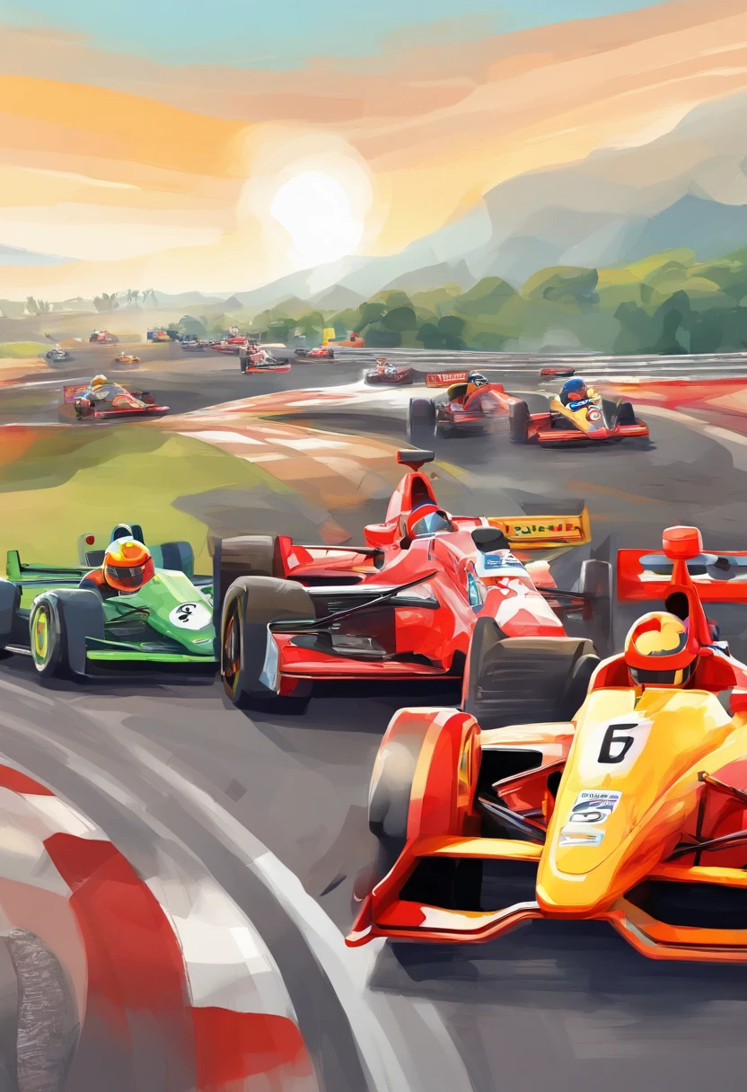 Three cartoon characters are riding on a track with helmets, New AI race, Alien racing drivers, f 1, race, helmet instead of head, helmet is off, Drivers, Ferrari, Formula 1, F1 cars blurred on the background, 🔞🤡, 🐋 as 🐘 as 🤖 as 👽 as 🐳, official modern animation, cognitohazard, anime, pixelized, kids cartoon, kawaii, racing, kart, Roliman, speedway, raceway, retro, arcade, game