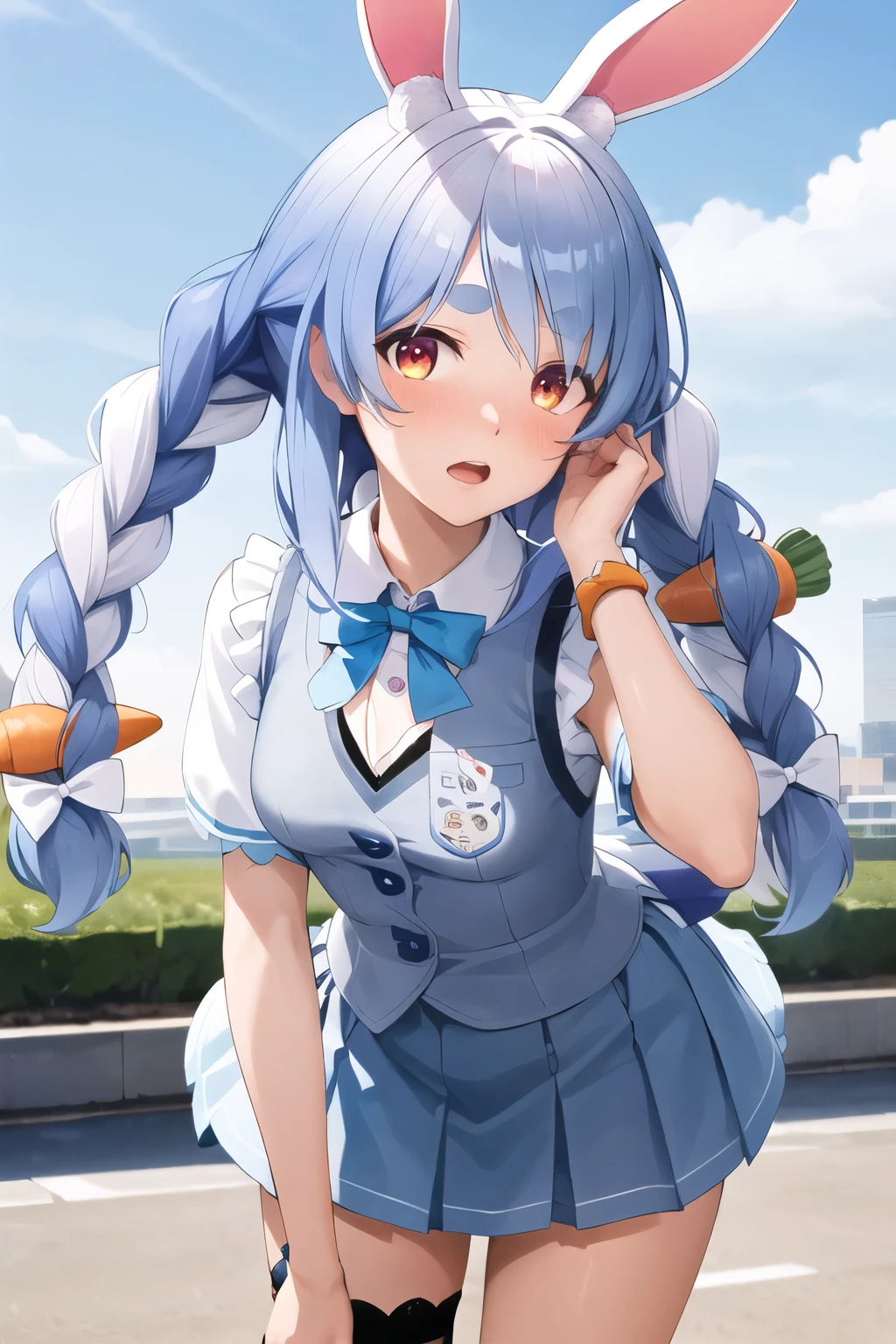 masterpiece, best quality, highres, ccpekora, long hair, rabbit ears, ((extreme detailed, highly detailed:1.4)), (official art:1.2), nice hands, perfect hands, 1girl, blush, first button empty shirts, small breasts, clothes pull, pleated skirt, leaning forward, looking at viewer, miniskirt, nose blush, open mouth, standing, gray sweater vest, outdoors, nostalgic view, hair blowing in the wind, cowboy shot, two carrots in hair