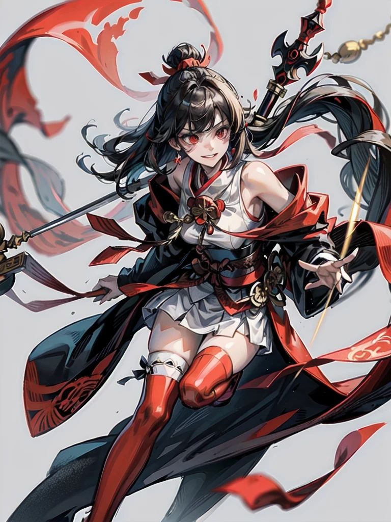 ((in shrine)), red-black costume, holding a sword, Onmyoji, nobushi, Flowing white robe, Ghost fire, Daoism, (put on Mask), absurdres, RAW photo, extremely delicate and beautiful, masterpiece, Best Quality, ultra high resolution, 32k, hyperrealistic, ultra-detailed, detailed description, pale skin, 20 years old, tearful mole, earring, Colossal tits, short medium hair, wavy hair, evil grin, full body shot,