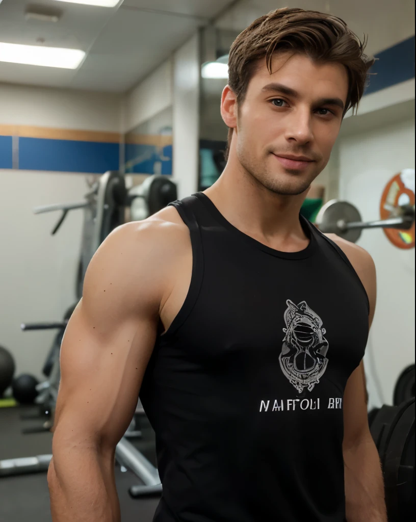 ((photograph, 35mm, f/11)), realistic, masterpiece, ((handsome 35 year old desirable caucasian man with distinguished features, holding a barbell in a gym, torso up, black muscle shirt)), light brown medium length hair, cropped sides, no facial hair, clean shaved face, intriguing green eyes)), athletic build, tall height, seductive smile with a gentle expression, detailed depiction of facial features, perfectly symmetrical face, crisp details, bright indoor lighting which masterfully accentuates his excellent features