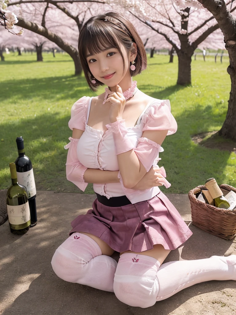 masterpiece, highest quality, RAW Photos, Ultra-high resolution, Realistic, Human skin is extremely delicate,
(Anatomically correct, , Realistic Japan Girl, Photographer's Lover, She really loves the photographer, Baby Face, Cute face, low length, Narrow waist, Big Breasts, Thin legs, Large Breasts, Realistic Skin),
((Wine, Pink shirt with puff sleeves, Black mini skirt, White thigh-high socks:1.3)),
(country, Round face, Black Hair, Iris, Watery eyes, Shining Eyes, Short Bob Cut, bangs, Lowered eyebrows, Small earrings, Lightly reddish),
(View Photographer, View the viewer, Lift up the Wine, Sit on the floor hugging your knees:1.3),
(The smile of a graceful goddess, Seduce men),
(Cherry tree in full bloom, Ueno Park, Many cherry blossom viewers, mat, banquet),
Natural light, full length
(Big Breasts:1.3),(She lifts her skirt to show off her vagina:1.3)