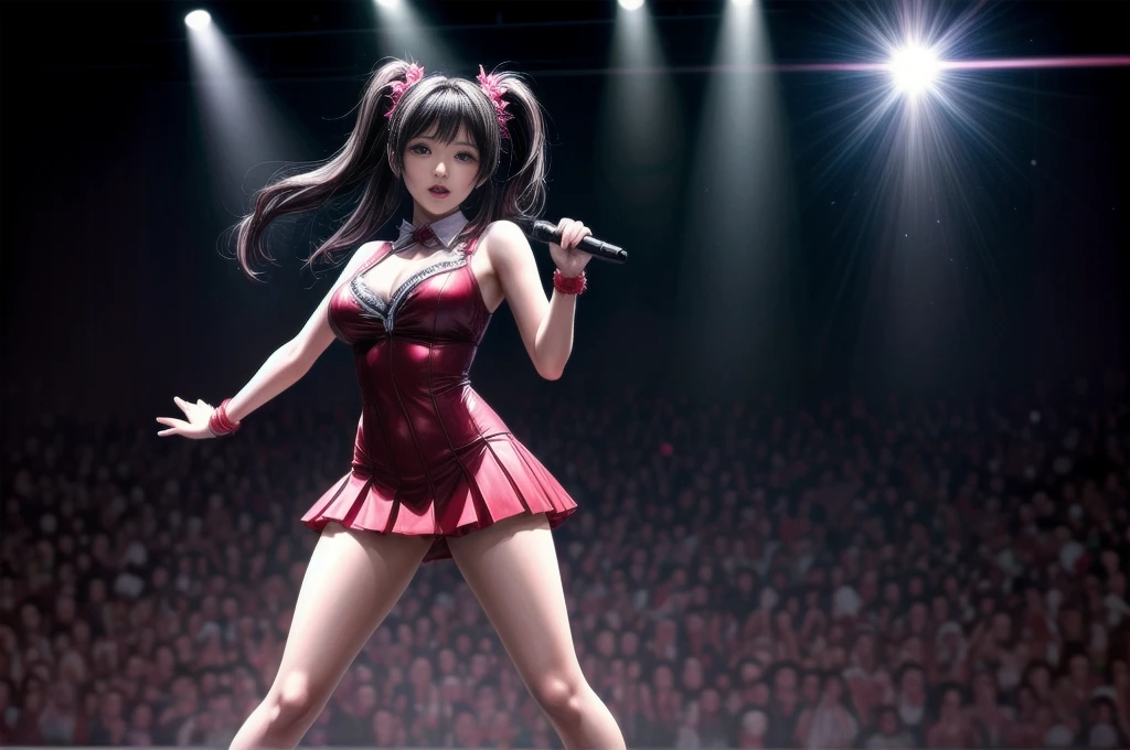 Twin-tailed,AKB48, idol,young Japanese idol,masterpiece, highly detailed, 1girl, solo, on the stage, singing, gigantic breasts, (button gap:-0.5), full body shot