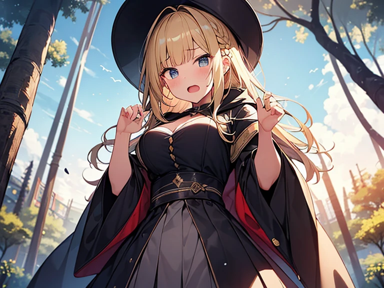 Masterpiece, Top quality, 1 beautiful girl, Blonde, medium Hair, Braided hair, wavy Hair, blunt bangs, 15 year old, standard weight, medium breasts, cleavage, (very large dark sorceress long robe with hood):1.3, pleated skirt, witch hat, (angry):1.3, open mouth, dynamic pose, beautiful scene of Enchanted Forest, Clothes swaying in the wind, backlighting, from below
