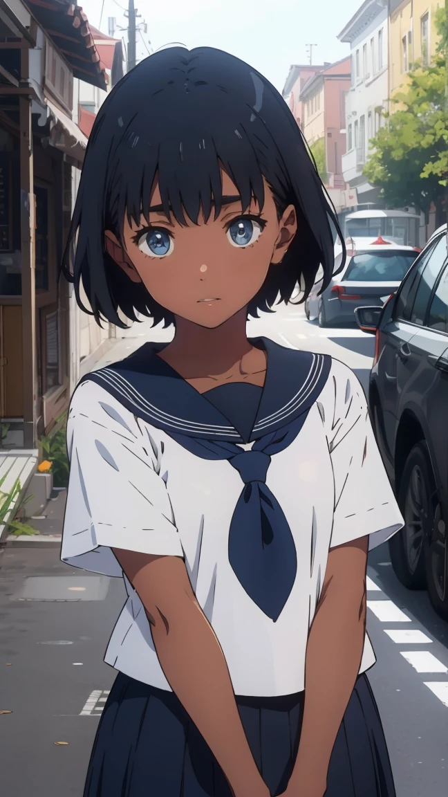 best quality, masterpiece, mio kofune, short hair, blue eyes, black hair, dark skin, dark-skinned female, (bright pupils:1.5), whole body,uniform, Short-sleeved sailor suit,Black school skirt, nsfw