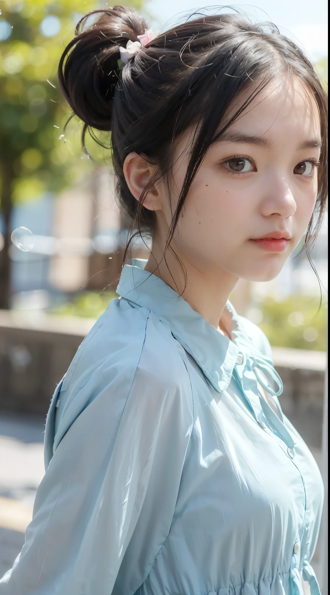 (masterpiece), (best quality), (ultra detailed),(disheveled hair),(illustration), (1girl), (Fashionable clothing), standing, Fashion model, looking at viewer, (interview), (simple background),beautiful detailed eyes, delicate beautiful face, Floating,(high saturation),(colorful splashes),colorful bubble,(shining), focus on face, ponytail, kamisato ayaka, light blue hair, bangs, hair ring, floating flowers, floating hairs, (shining), best lighting, best shadow,