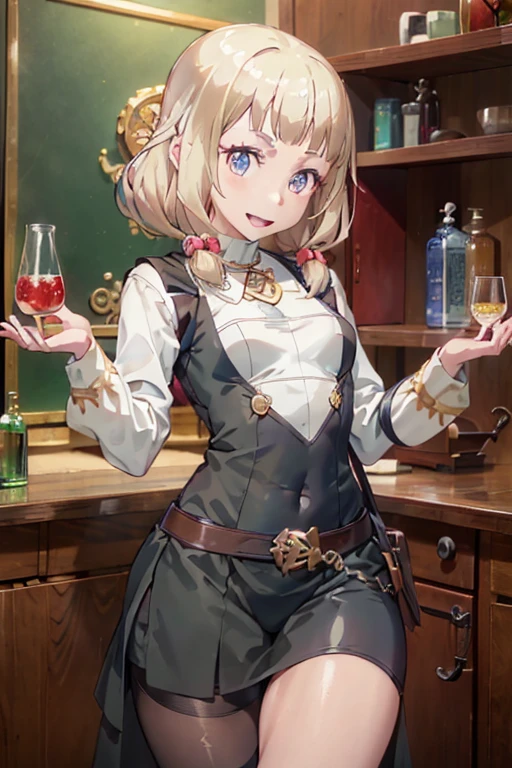 (fantasy:1.5),(8k,masterpiece, top quality, best quality,beautiful and aesthetic:1.2,professional illustrasion:1.1,ultra detail:1.3,perfect lighting),extremely detailed,highest detailed,incredibly absurdres , highres, ultra detailed,intricate:1.6,(Alchemy Workshop:1.4),A girl mixing,Medicine in many small bottles,holding small potion,colorful:1.4,zentangle,(a girl 26yo old),(cute girl),pointed chest:1.3,(double breasted:1.4,under bust:1.4), Amazing Cleavage:1.1, thin waist, medium ass, Raised sexy, (small breast: 1.4) posed cleavage:1.2,(female alchemy fashon:1.3),(highly detailed beautiful face and eyes,firm breasts),oily skin,((bronde hair, long pony tail hair)),thin pubic hair,cute,lovely,beautifuk alchemist costume,smile,in the Alchemy Workshop,smile,seductive weak smiling,(with sparkling eyes and a contagious smile),open mouth, Looking at Viewer,
