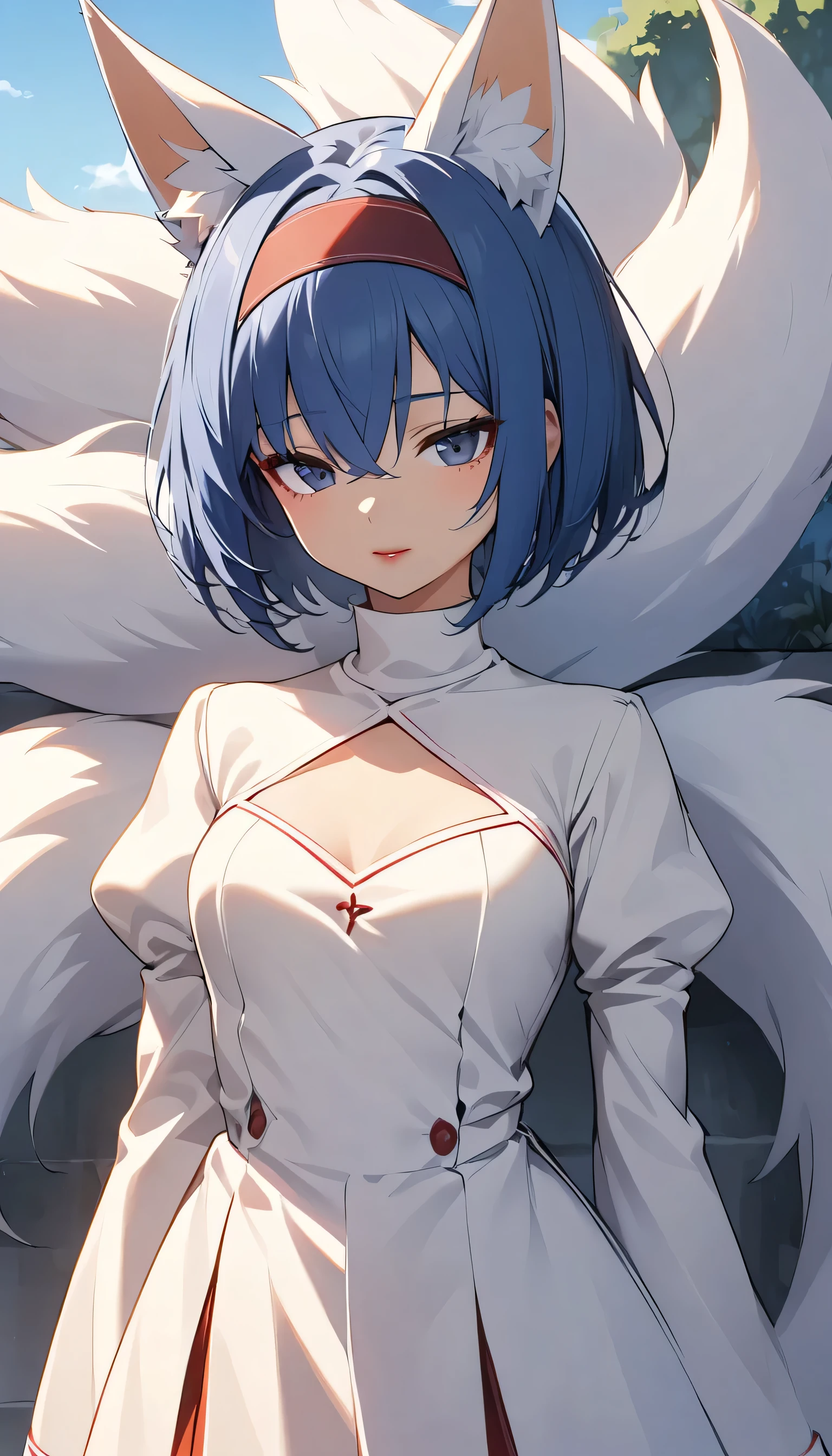 One girl, chest, Chest cleavage, Chest cleavage cutout, Dress cutout, Spectacular Nature、 Hair between the eyes, head band, High resolution, Juliet Sleeve, Long sleeve, Fluffy sleeves, Red lips, Shadow Face, short hair, alone, Turtleneck sweater, Upper Body, l Blue hair, null, White fox ears, White fox tail, nine tailed fox,