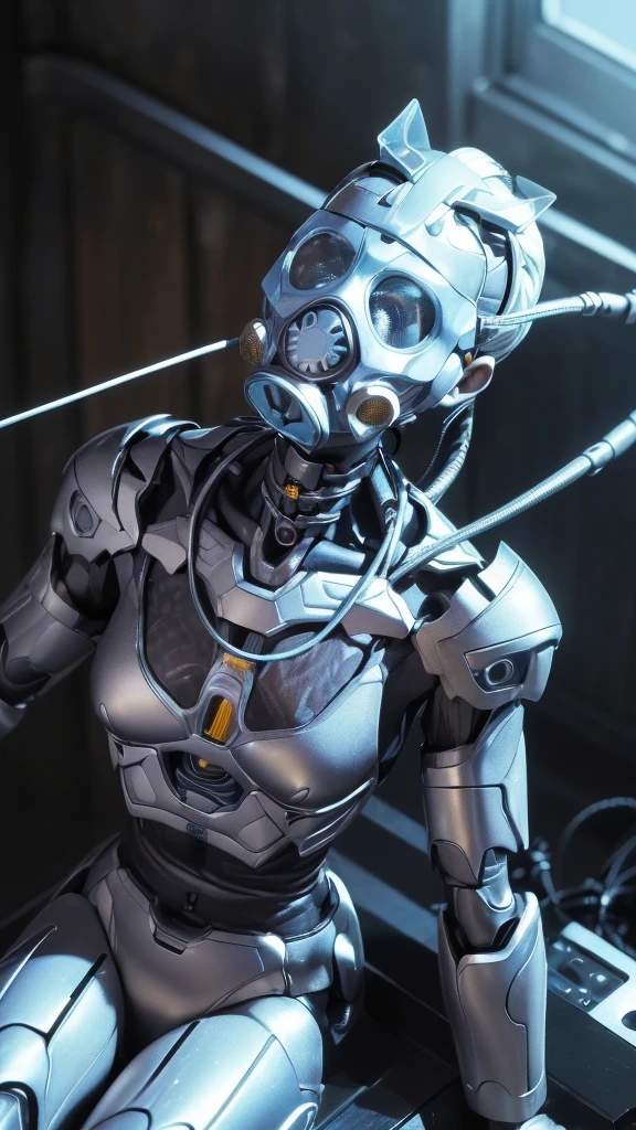 (((masterpiece))), (((highest quality))), ((Very detailed)), (Highly detailed CG illustrations), ((close your eyes)), ((gas mask)), ((Cyan Light)) ((Very delicate and beautiful)),(Cute and delicate face),Cinematic Light,((1. Machine Girl)),alone,whole body,(Machine made joints:1.4),((Mechanical Limbs)),(Blood vessels connected to tubes),((Mechanical vertebrae attached to the back)),((Cervical vertebrae mechanically attached to the neck)),((Sitting)),Expressionless,(Wires and cables connecting the head and body:1.5),(Character Focus),SF Black Hair Sweaty face cute Leaning back