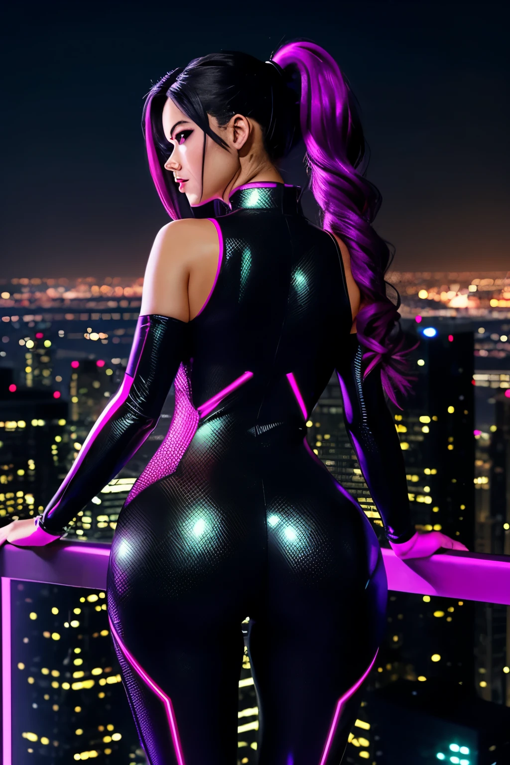 Anime, artwork of the highest quality, ultra-detailed and high contrast, features one woman alone, standing boldly on the edge of a towering skyscraper at night. Her full body is depicted with a plus size figure, clad in a simple yet elegant black qipao, accentuating her curves. Her long silver hair cascades in a ponytail down her back, shimmering under the moonlight. Her red eyes gleam with a perfect, ruby-sparkling intensity, reflecting the city below. Black cybernetics, adorned with neon pink accents, are integrated into her body, adding a futuristic element to her appearance. The skyscrap