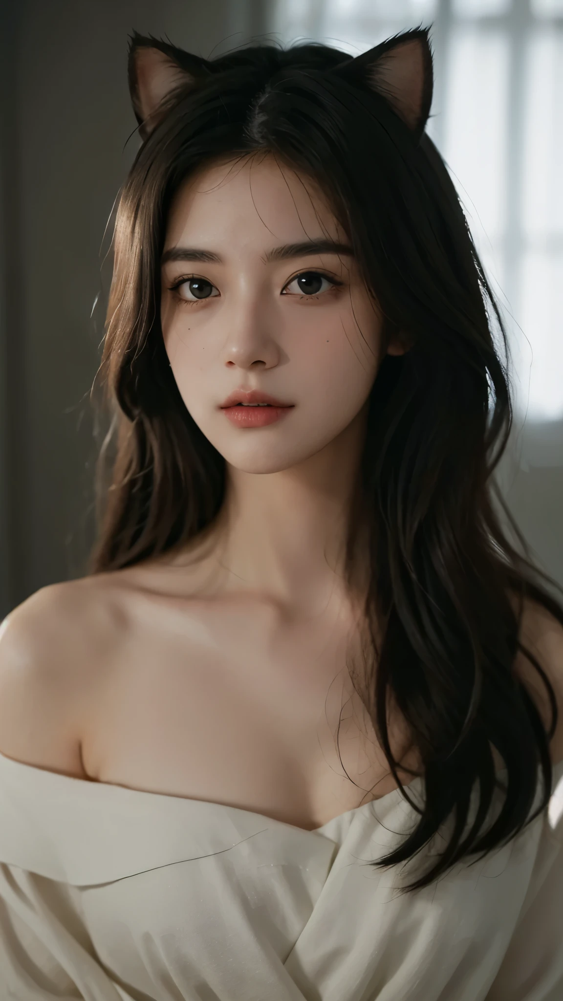 Best quality,masterpiece,Ultra-high resolution,（Realistically：1.5）,RAW photos, Cat ears,cute,In the light,deep shadow,Low profile,Cold Light,sexy look,Long hair,((best quality: 1.5)) ((masterpiece: 0.8)), Intricate details, Clear focus, professional, real life, Real facial expression, Dynamic poses, ((([Medium breasts:0.8])))),
