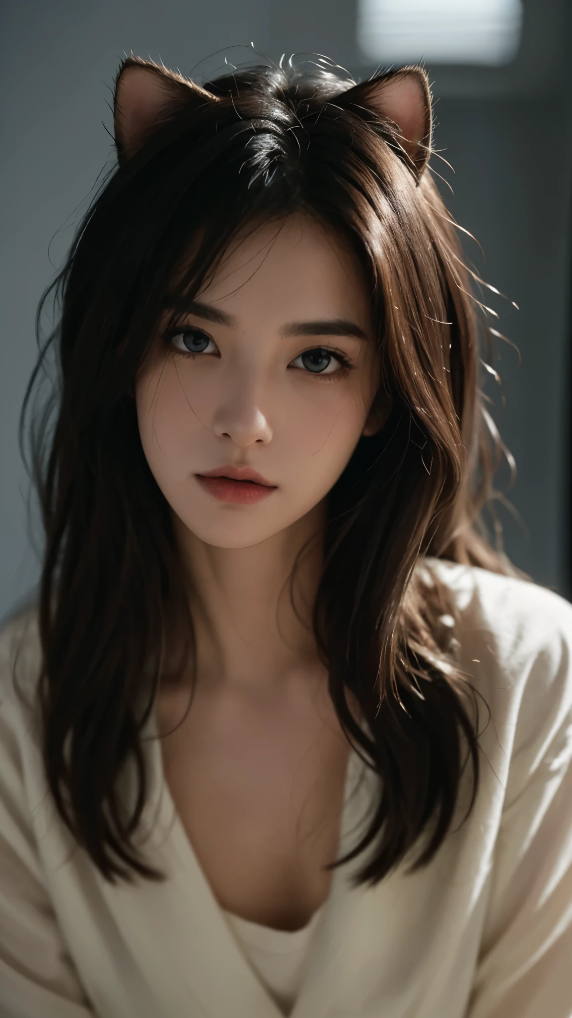 Best quality,masterpiece,Ultra-high resolution,（Realistically：1.5）,RAW photos, Cat ears,cute,In the light,deep shadow,Low profile,Cold Light,sexy look,Long hair,((best quality: 1.5)) ((masterpiece: 0.8)), Intricate details, Clear focus, professional, real life, Real facial expression, Dynamic poses, ((([Large breasts:0.8])))),