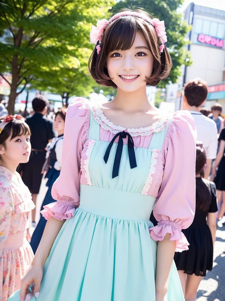 1 girl, alone, (short hair), Japanese Idols, Perfect figure, Beautiful eyes Double eyelids, Lolita Fashion, Colorful pastel color clothes, Downtown like Harajuku, smile, Upper Body, Blowing the wind, Because I&#39;m Slim,White knee-high socks,Full body portrait,(Big Breasts:1.3)