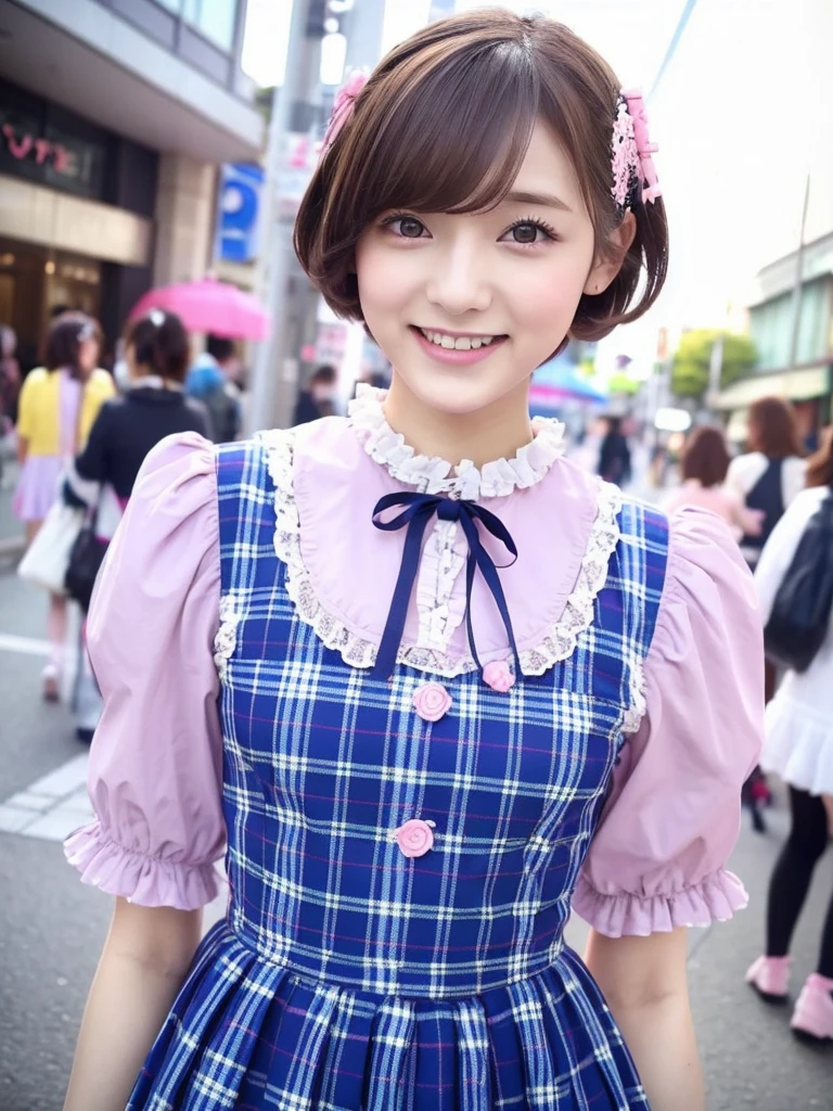 1 girl, alone, (short hair), Japanese Idols, Perfect figure, Beautiful eyes Double eyelids, Lolita Fashion, Colorful pastel color clothes, Downtown like Harajuku, smile, Upper Body, Blowing the wind, Because I'm Slim,White knee-high socks,Full body portrait,(Big Breasts:1.3)
