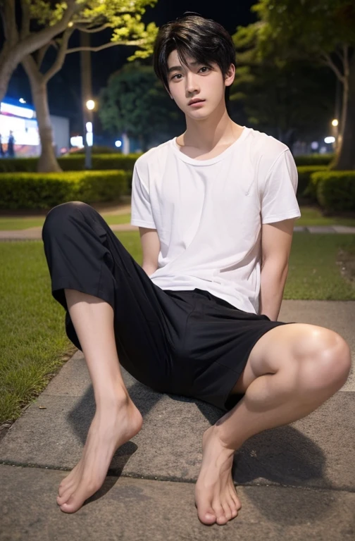 One Boy、Beautiful boy、Handsome、18-year-old、Japan boys、Black Hair、Night Park、Upper body naked、No bulge in crotch、Take off your clothes、Show bare skin、Spread your legs,White underwear、barefoot