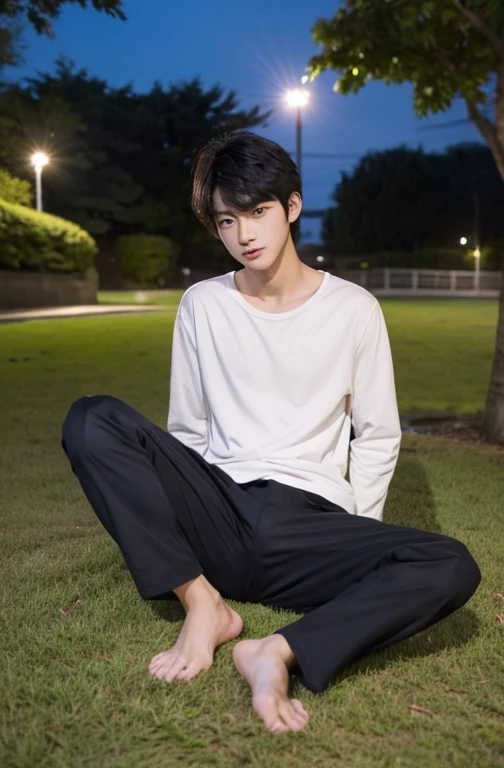 One Boy、Beautiful boy、Handsome、18-year-old、Japan boys、Black Hair、Night Park、Upper body naked、No bulge in crotch、Take off your clothes、Show bare skin、Spread your legs,White underwear、barefoot