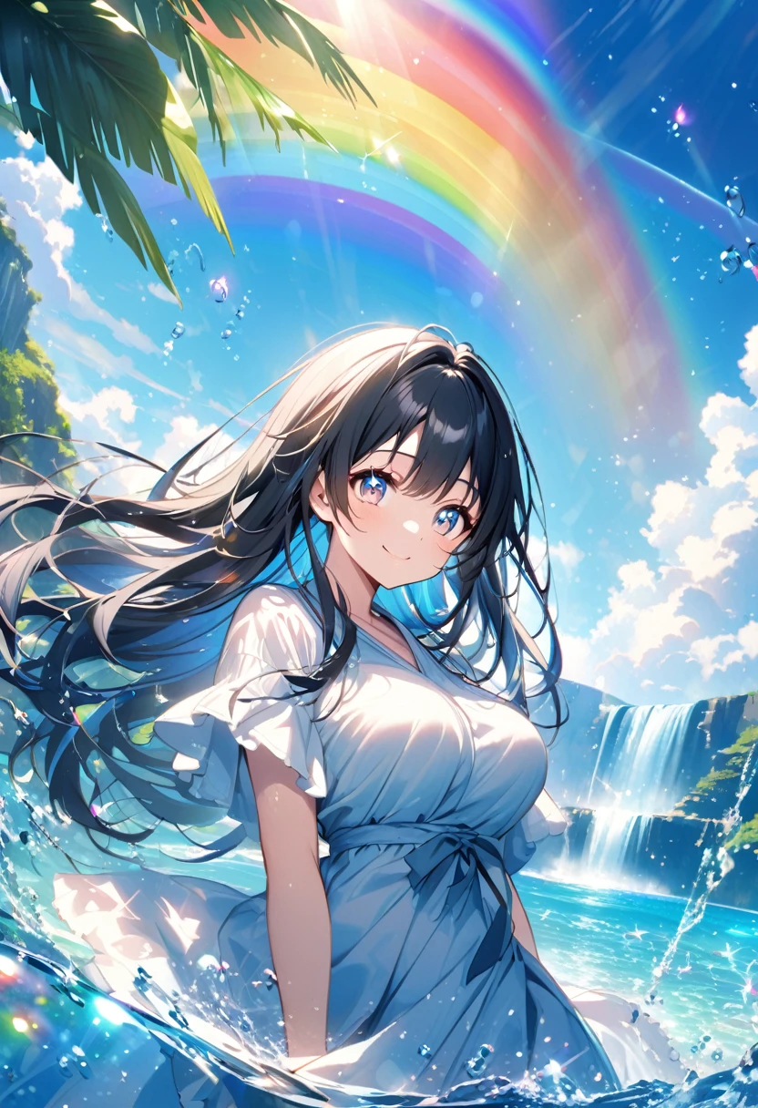 anime、Vibrant colors、Beauty、20 years old、Black Hair、Long Hair、Calm、Bright eyes、Sparkling eyes、smile、Large Breasts、blue sky、rainbow、Ocean、1000 water particles、Clear water flows like a waterfall