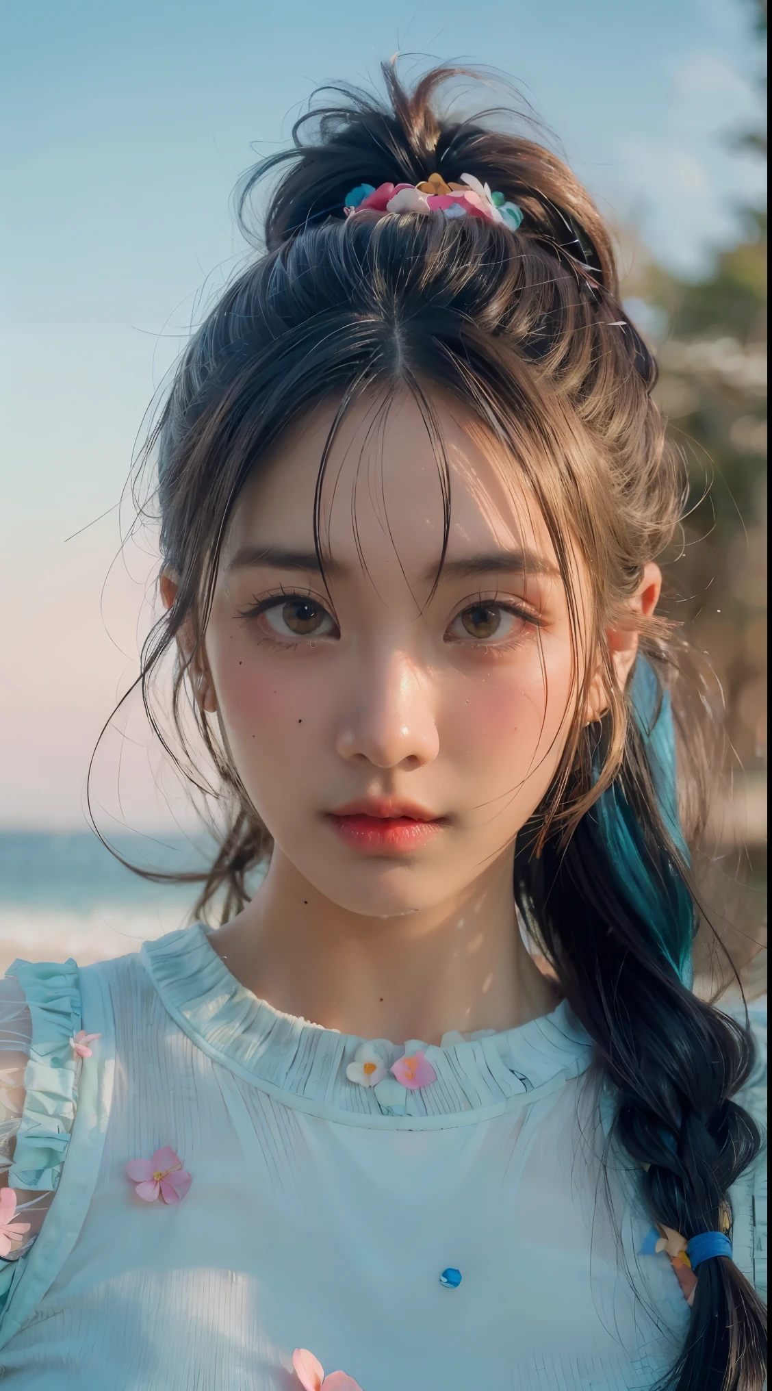 (masterpiece), (best quality), (ultra detailed),(disheveled hair),(illustration), (1girl), (Fashionable clothing), standing, Fashion model, looking at viewer, (interview), (simple background),beautiful detailed eyes, delicate beautiful face, Floating,(high saturation),(colorful splashes),colorful bubble,(shining), focus on face, ponytail, kamisato ayaka, light blue hair, bangs, hair ring, floating flowers, floating hairs, (shining), best lighting, best shadow,