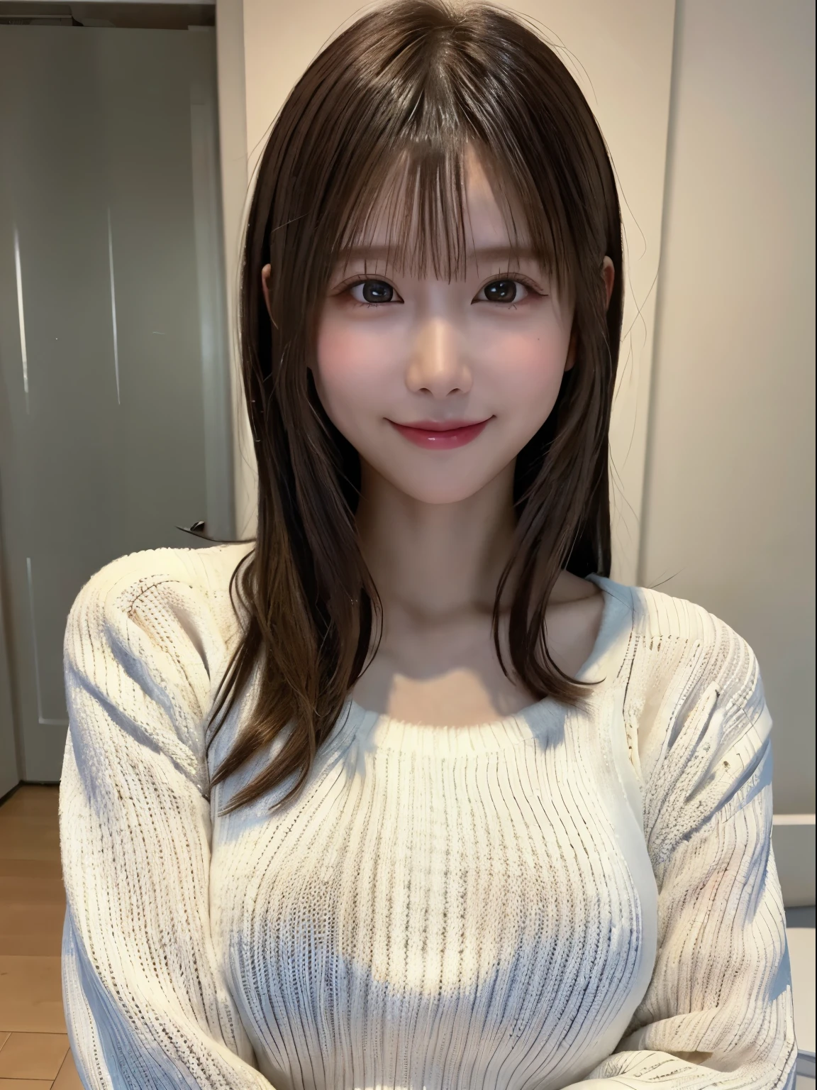 1 Japanese girl,(White sweater:1.4), (RAW Photos, highest quality), (Realistic, Realistic:1.4), Tabletop, Very delicate and beautiful, Very detailed, 8k wallpaper, wonderful, In detail, Very detailedなCG Unity, High resolution, Soft Light, Beautiful details 19 years old, Very detailedな目と顔, Beautiful and detailed nose, Beautiful details,Cinema Lighting,Perfect Anatomy,Slender body,smile  (Asymmetrical bangs,)