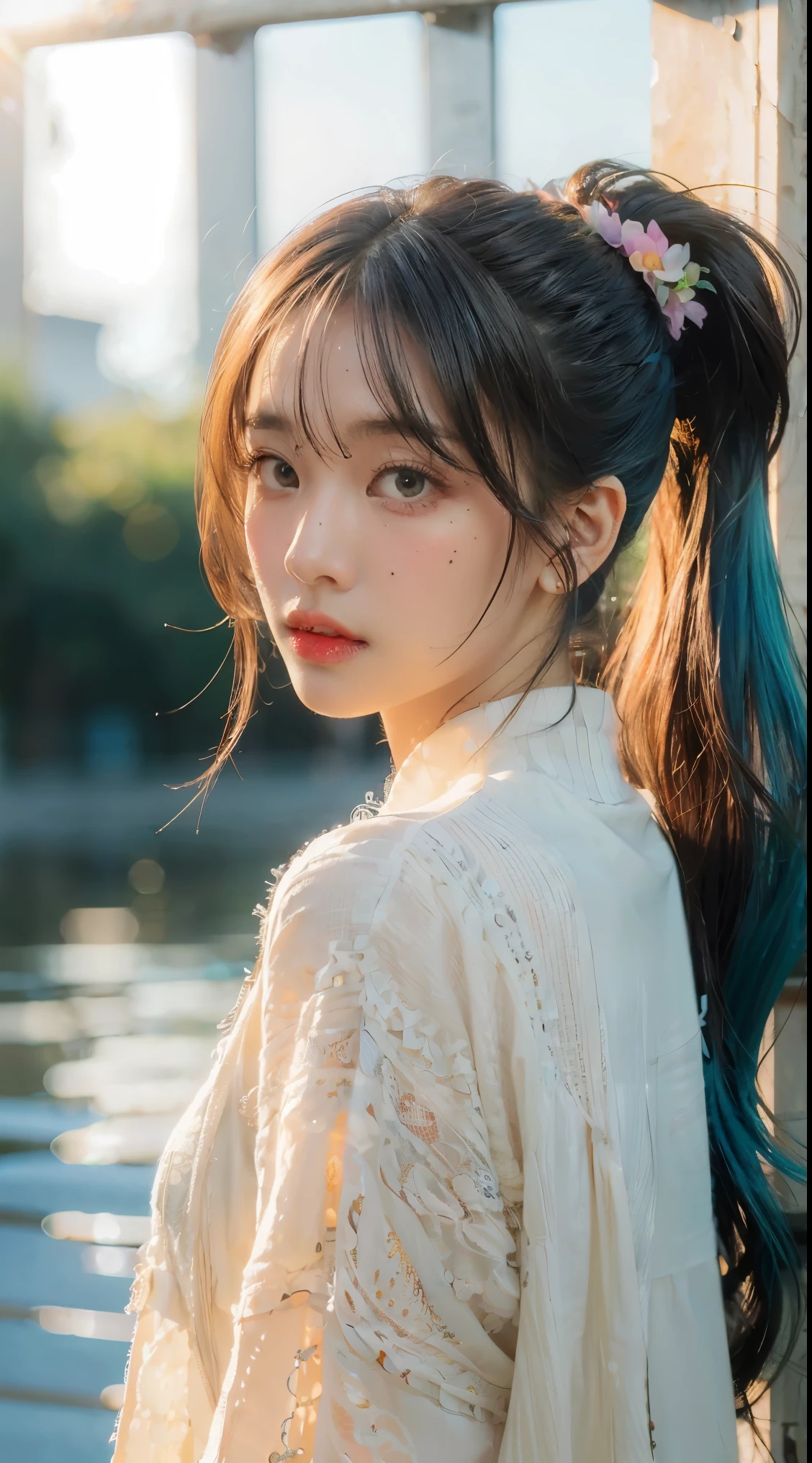 (masterpiece), (best quality), (ultra detailed),(disheveled hair),(illustration), (1girl), (Fashionable clothing), standing, Fashion model, looking at viewer, (interview), (simple background),beautiful detailed eyes, delicate beautiful face, Floating,(high saturation),(colorful splashes),colorful bubble,(shining), focus on face, ponytail, kamisato ayaka, light blue hair, bangs, hair ring, floating flowers, floating hairs, (shining), best lighting, best shadow,