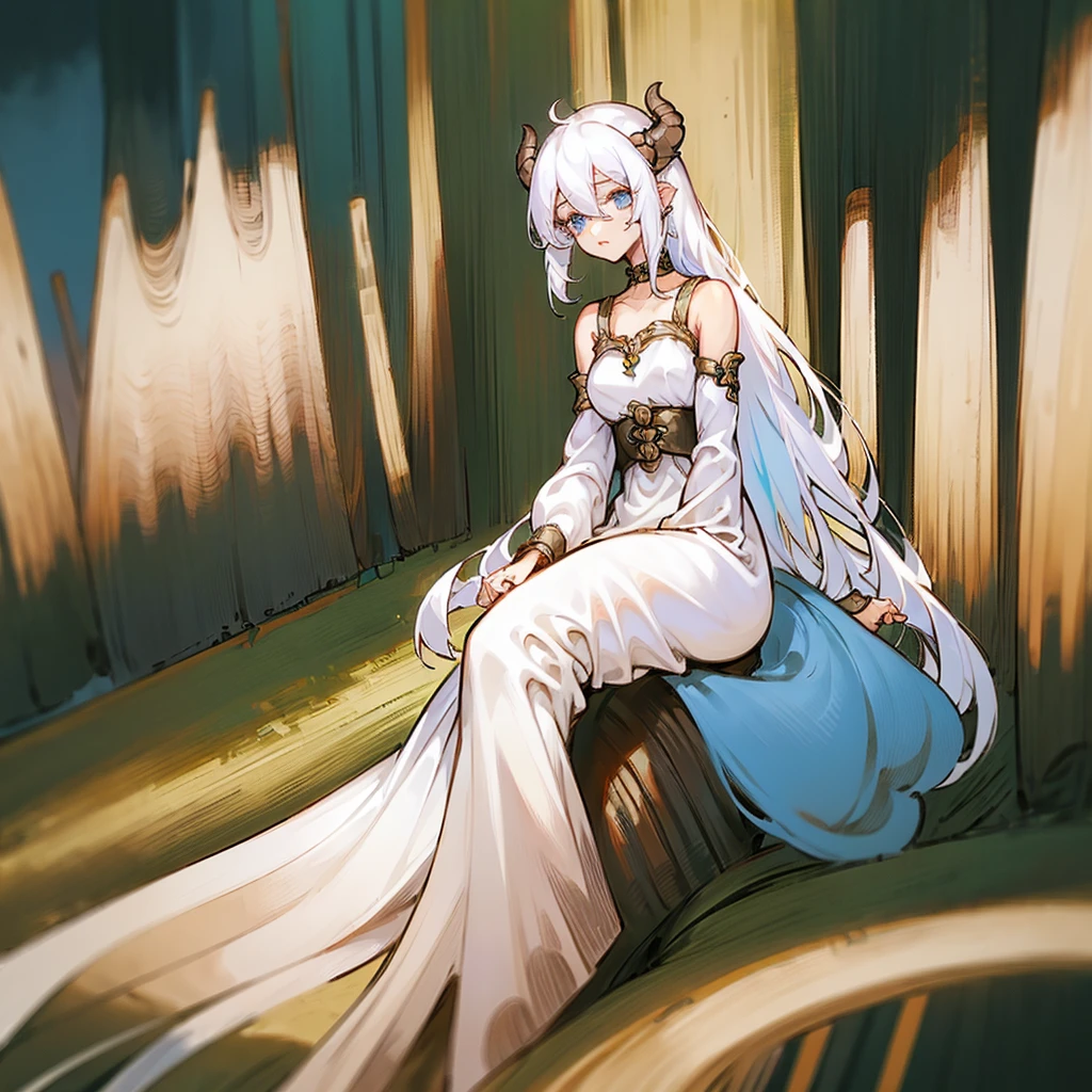 ((masterpiece)), ((bestquality)), (ultra-detailed), 1 girl, white hair, blue eyes, sitting in a creek, detailed face, dragonian_head, dragonian_body, dragonian_hairstyle, dragonian_horns, dragonian_tail, white long dress, black choker, silver circlet, creek, forest, clear line