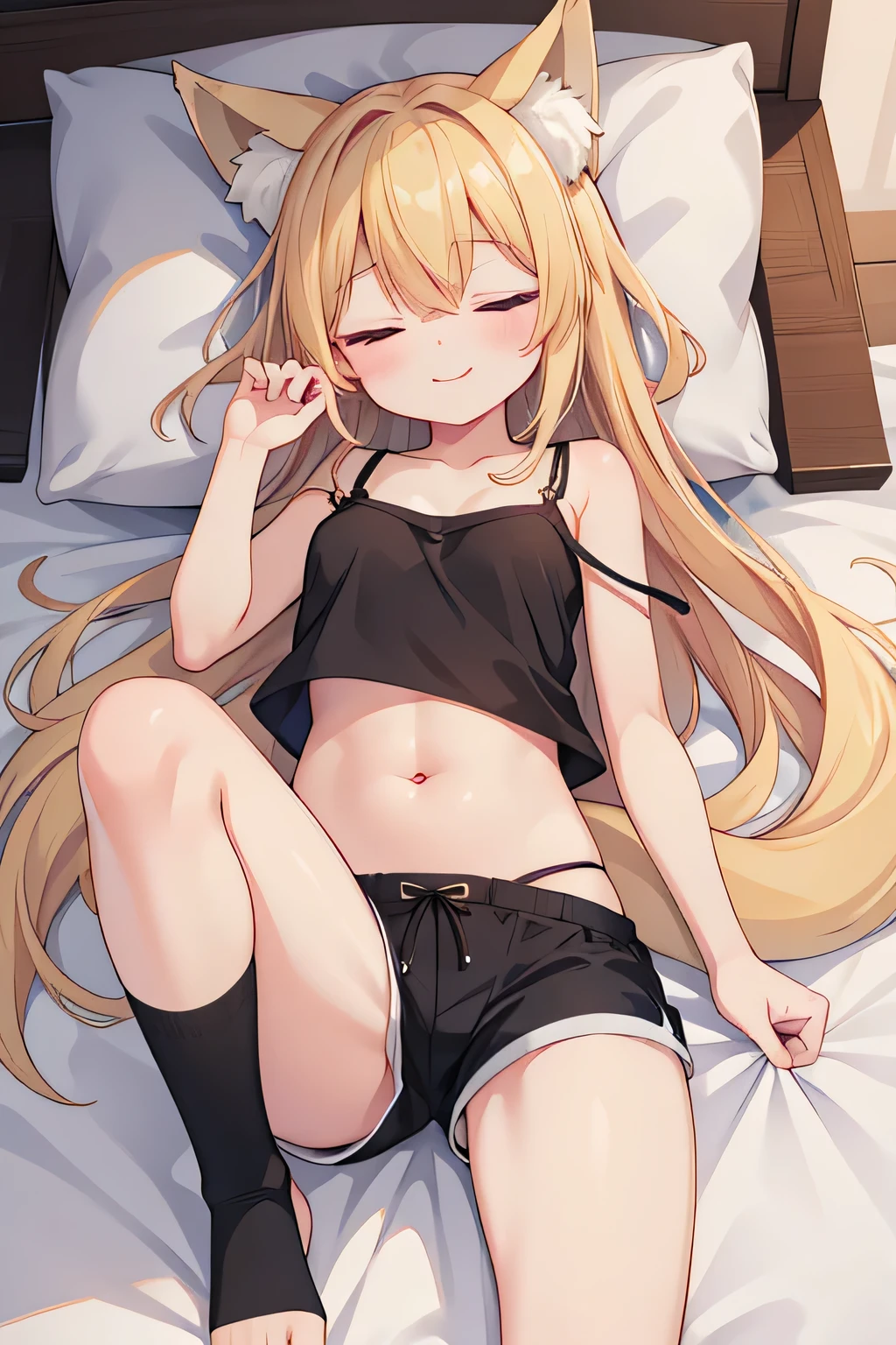 highest quality、Sleeping、smile、Small breasts、belly button、Panty shot、Fox ears、Long blonde、Black camisole、Shorts、Knee socks、bed